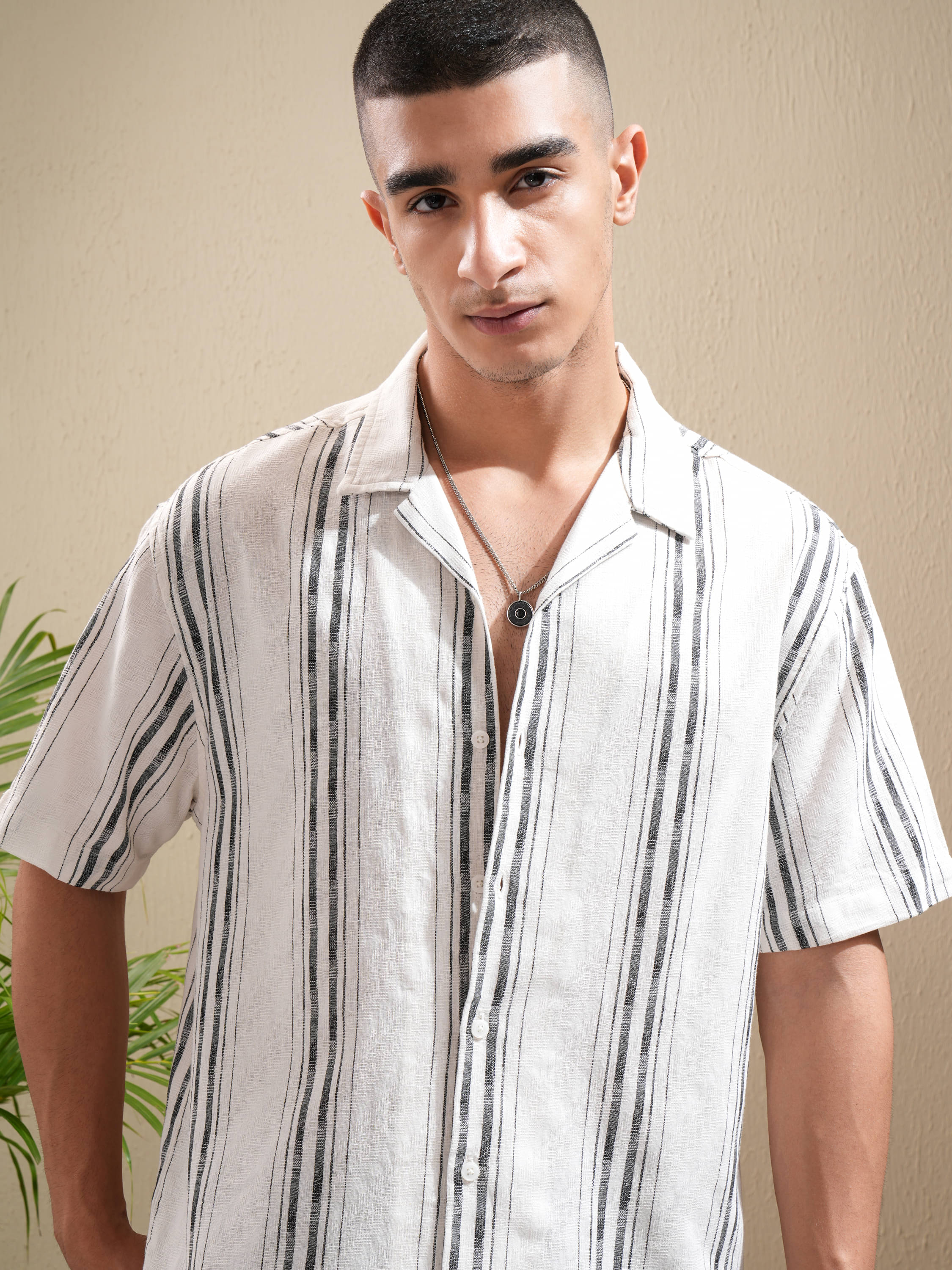 Highlander 100% Cotton Relaxed Fit Striped Half Sleeves Men's Casual Shirt - Off White ( Pack of 1 )     			Highlander 100% Cotton Relaxed Fit Striped Half Sleeves Men's Casual Shirt - Off White ( Pack of 1 )