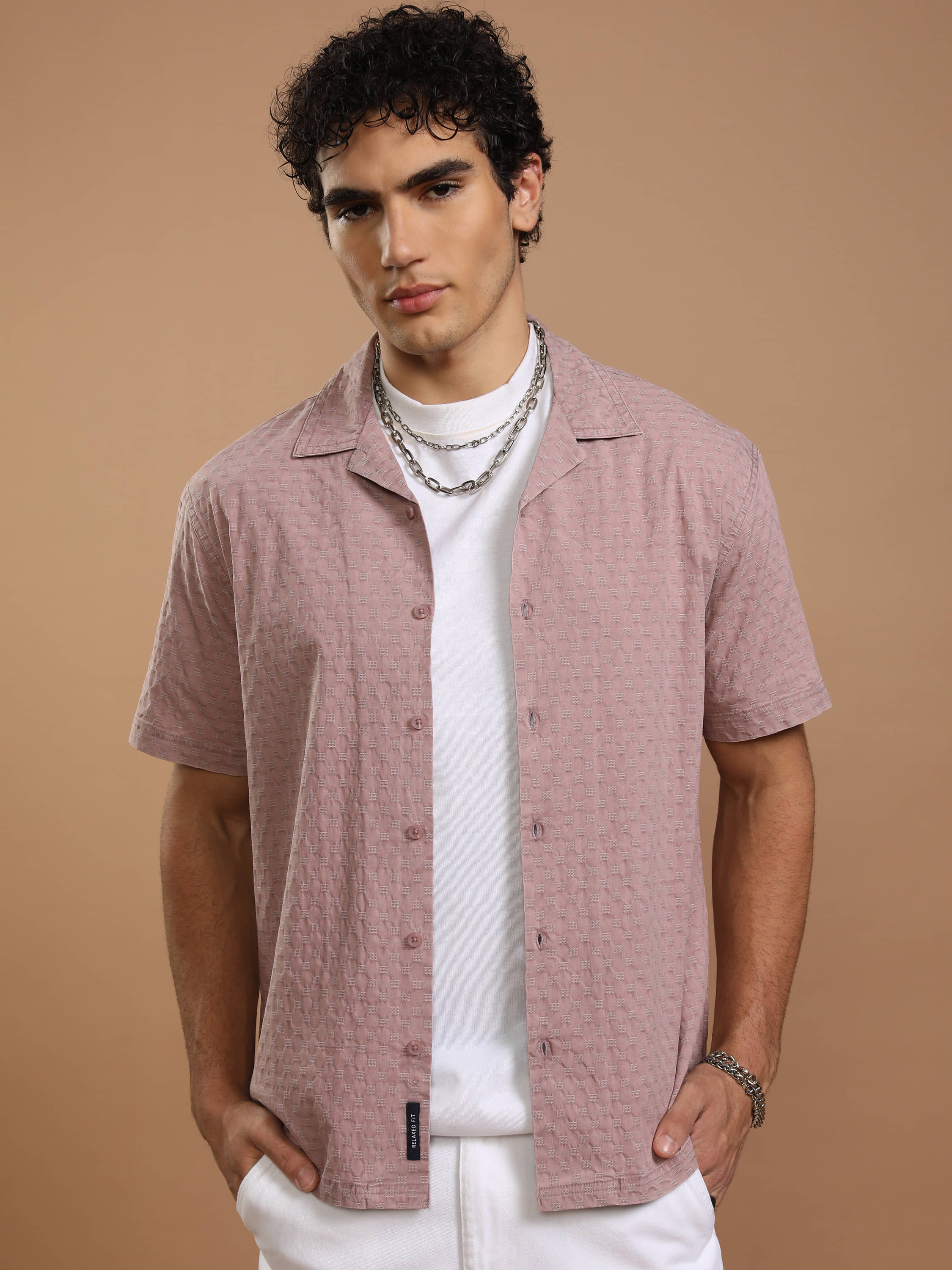 Highlander 100% Cotton Relaxed Fit Self Design Half Sleeves Cuban Collar Men's Casual Shirt - Maroon ( Pack of 1 )