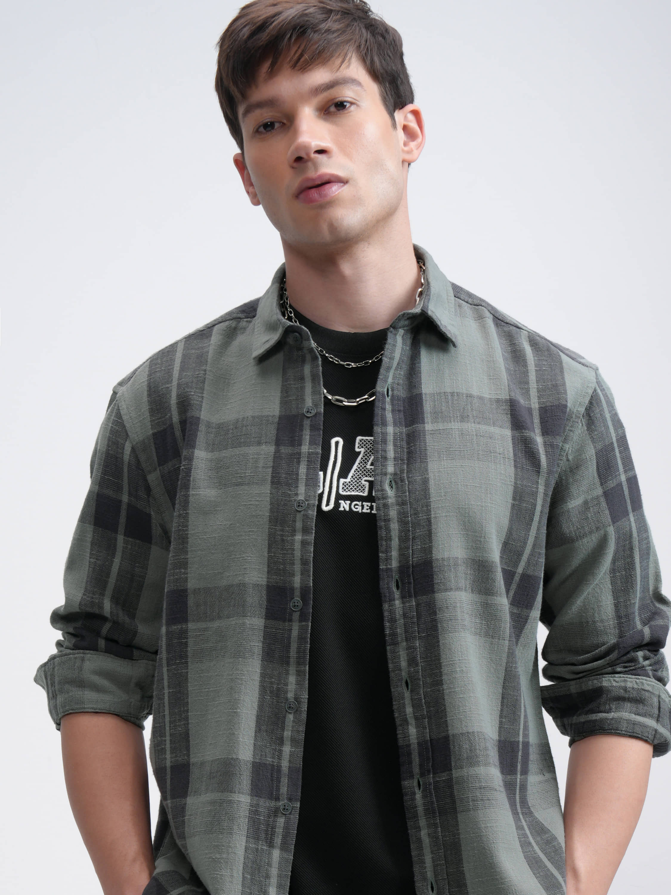 Highlander 100% Cotton Relaxed Fit Checks Full Sleeves Men's Casual Shirt - Green ( Pack of 1 )