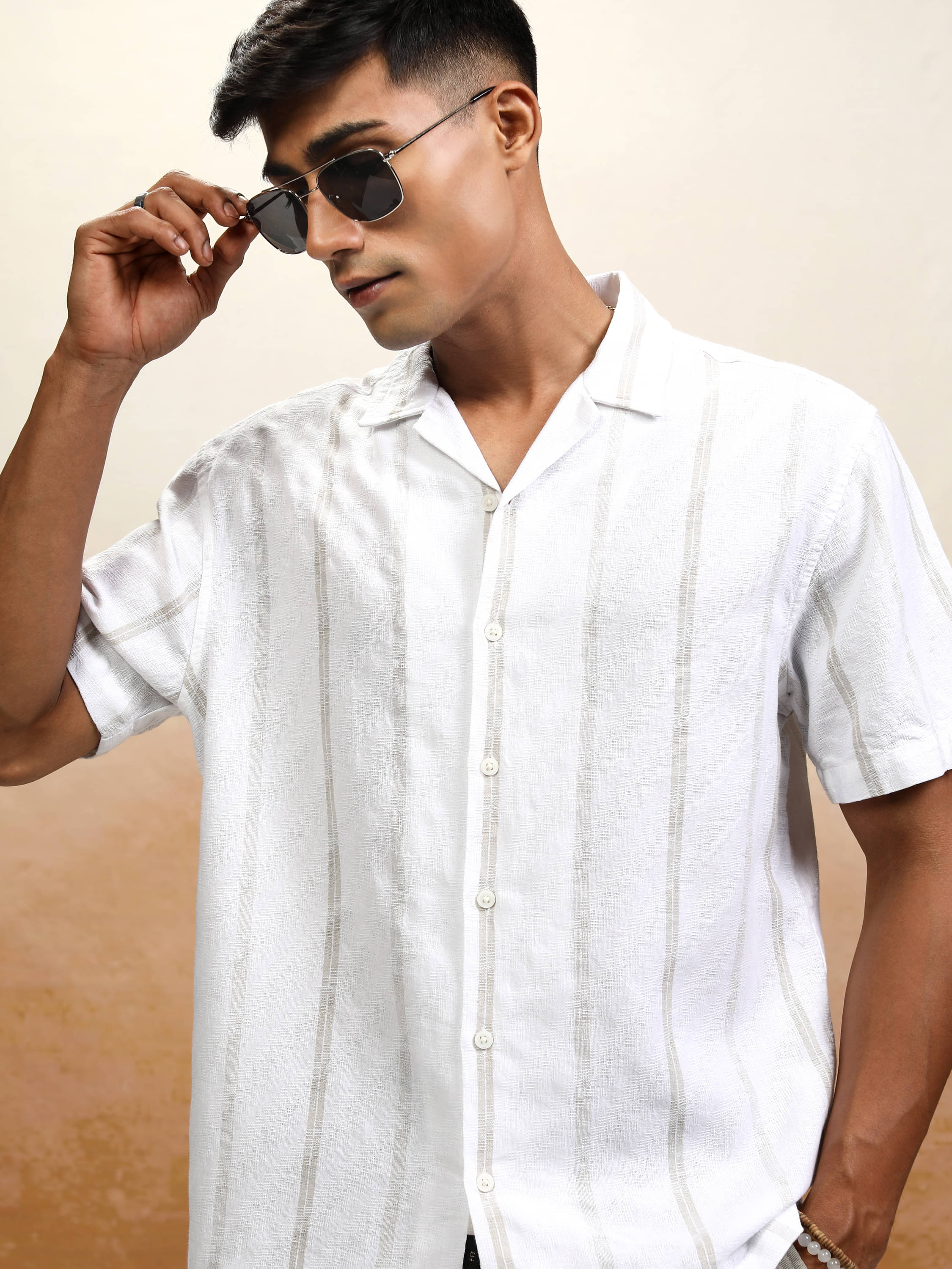 Highlander 100% Cotton Relaxed Fit Striped Half Sleeves Men's Casual Shirt - White ( Pack of 1 ) Highlander 100% Cotton Relaxed Fit Striped Half Sleeves Men's Casual Shirt - White ( Pack of 1 )