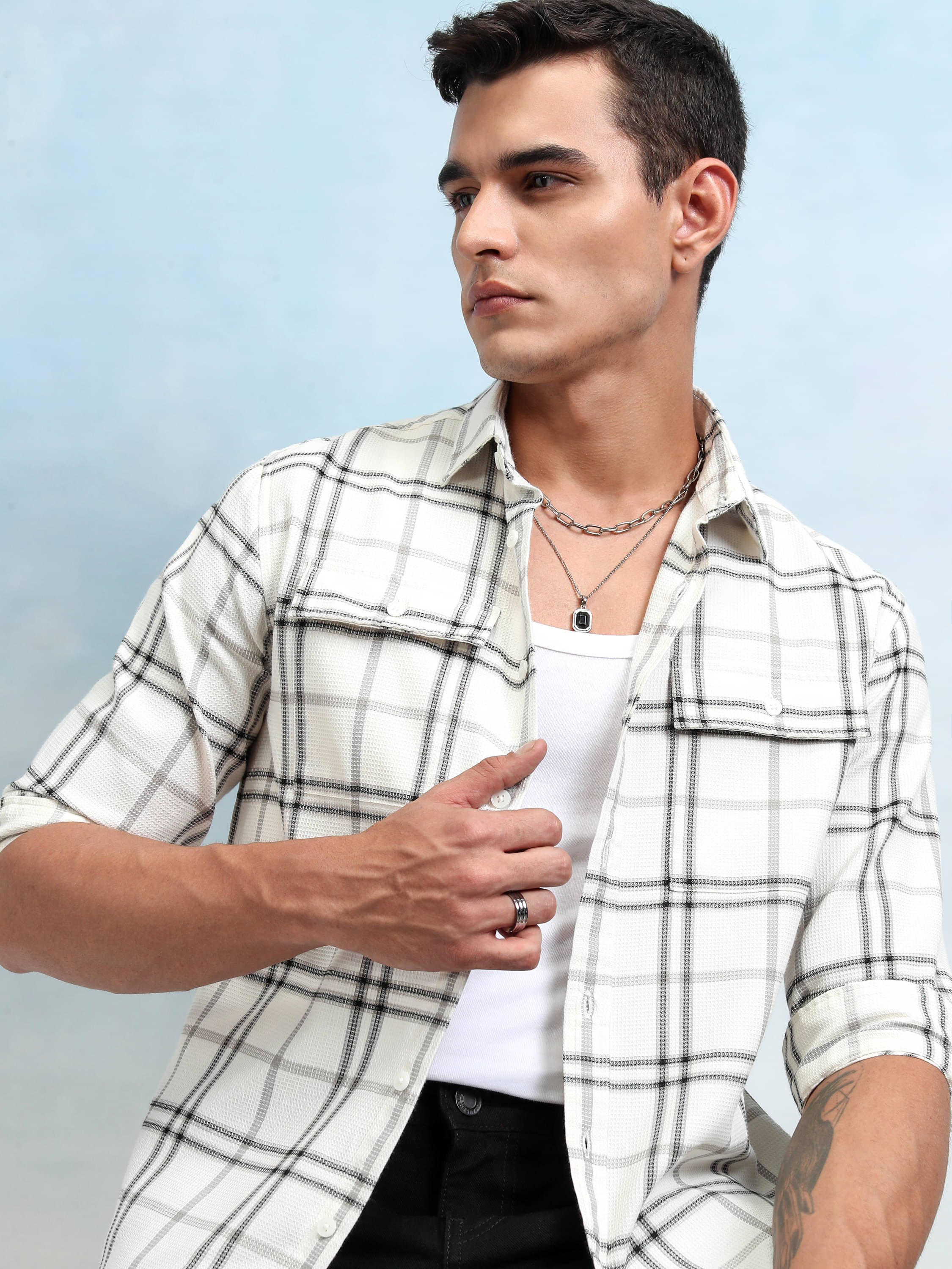    			Highlander 100% Cotton Relaxed Fit Checks Full Sleeves Men's Casual Shirt - Off White ( Pack of 1 )