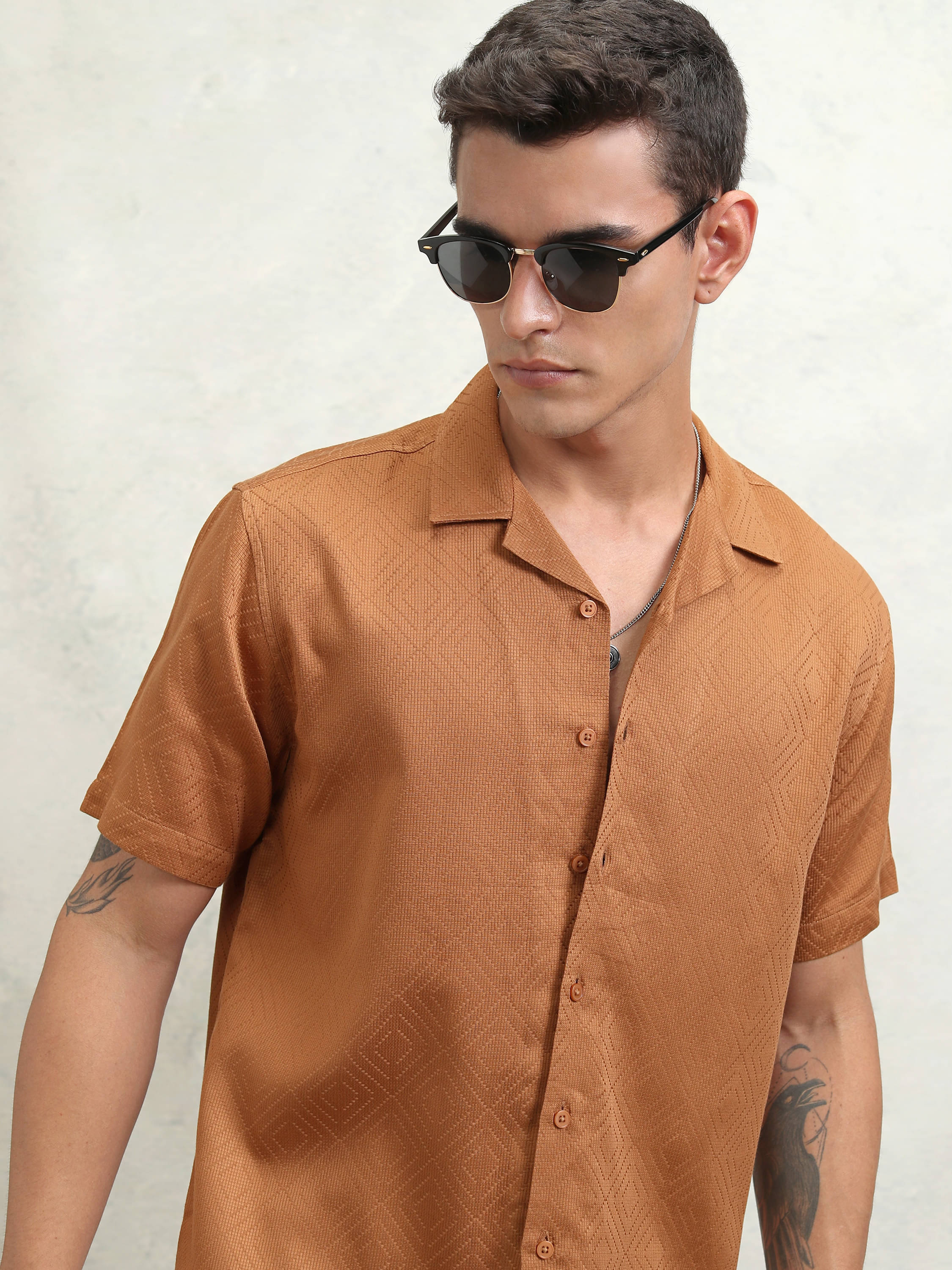     			Highlander 100% Cotton Relaxed Fit Self Design Half Sleeves Men's Casual Shirt - Brown ( Pack of 1 )