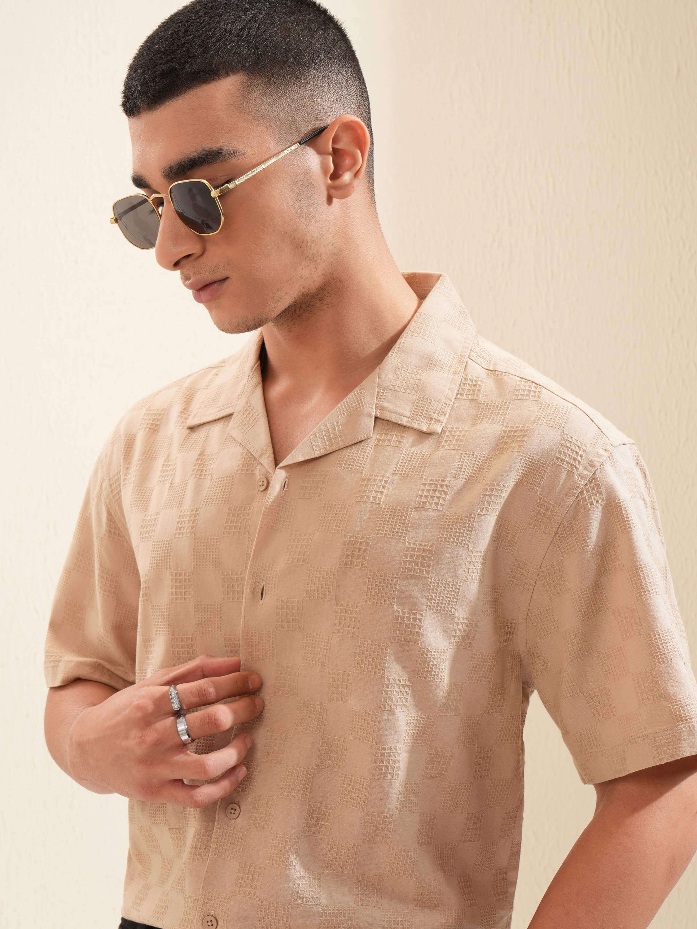 Highlander 100% Cotton Relaxed Fit Self Design Half Sleeves Men's Casual Shirt - Beige ( Pack of 1 )     			Highlander 100% Cotton Relaxed Fit Self Design Half Sleeves Men's Casual Shirt - Beige ( Pack of 1 )