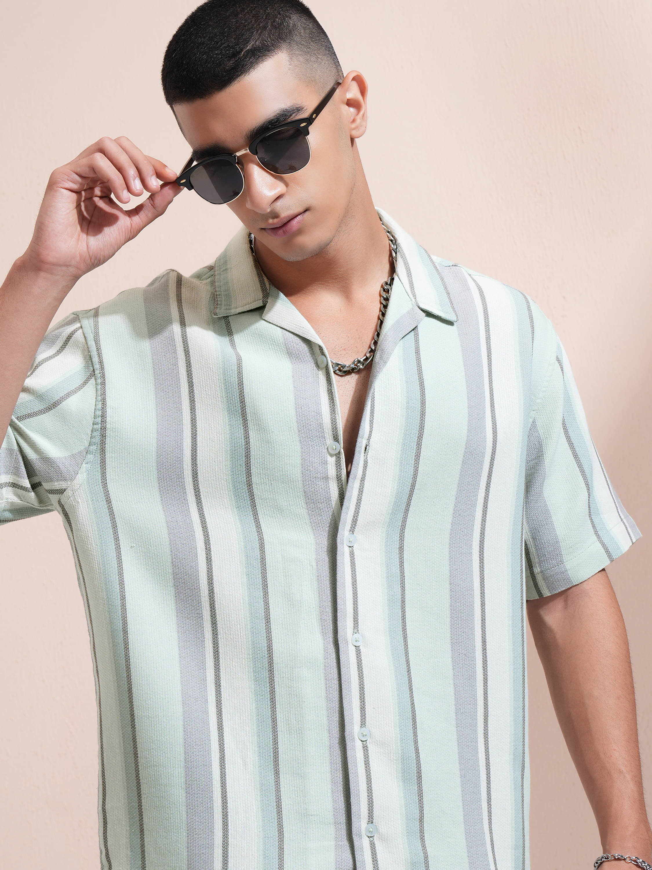     			Highlander 100% Cotton Relaxed Fit Striped Half Sleeves Men's Casual Shirt - Green ( Pack of 1 )