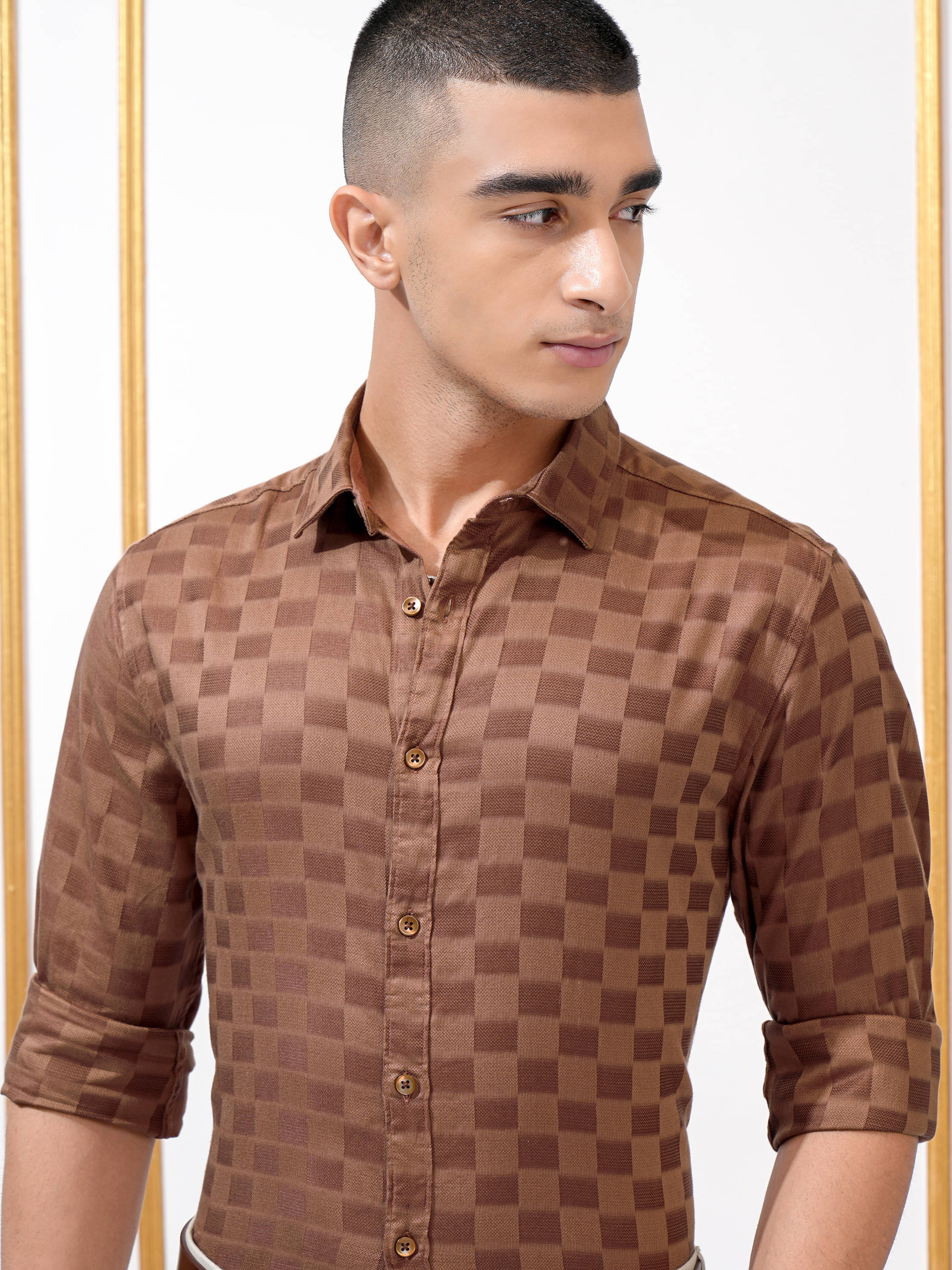     			Highlander 100% Cotton Slim Fit Self Design Full Sleeves Men's Casual Shirt - Brown ( Pack of 1 )