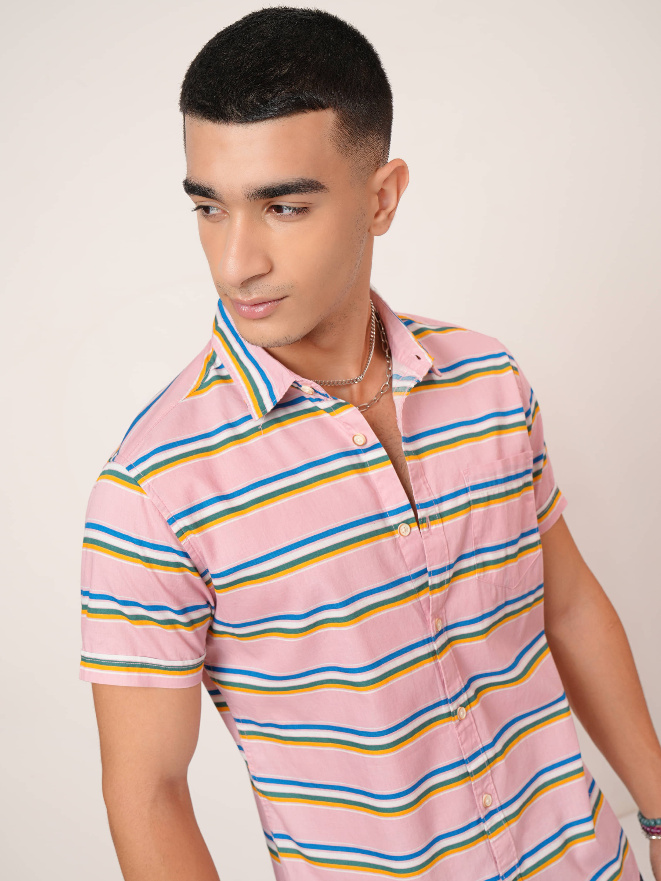     			Highlander 100% Cotton Slim Fit Striped Half Sleeves Men's Casual Shirt - Pink ( Pack of 1 )