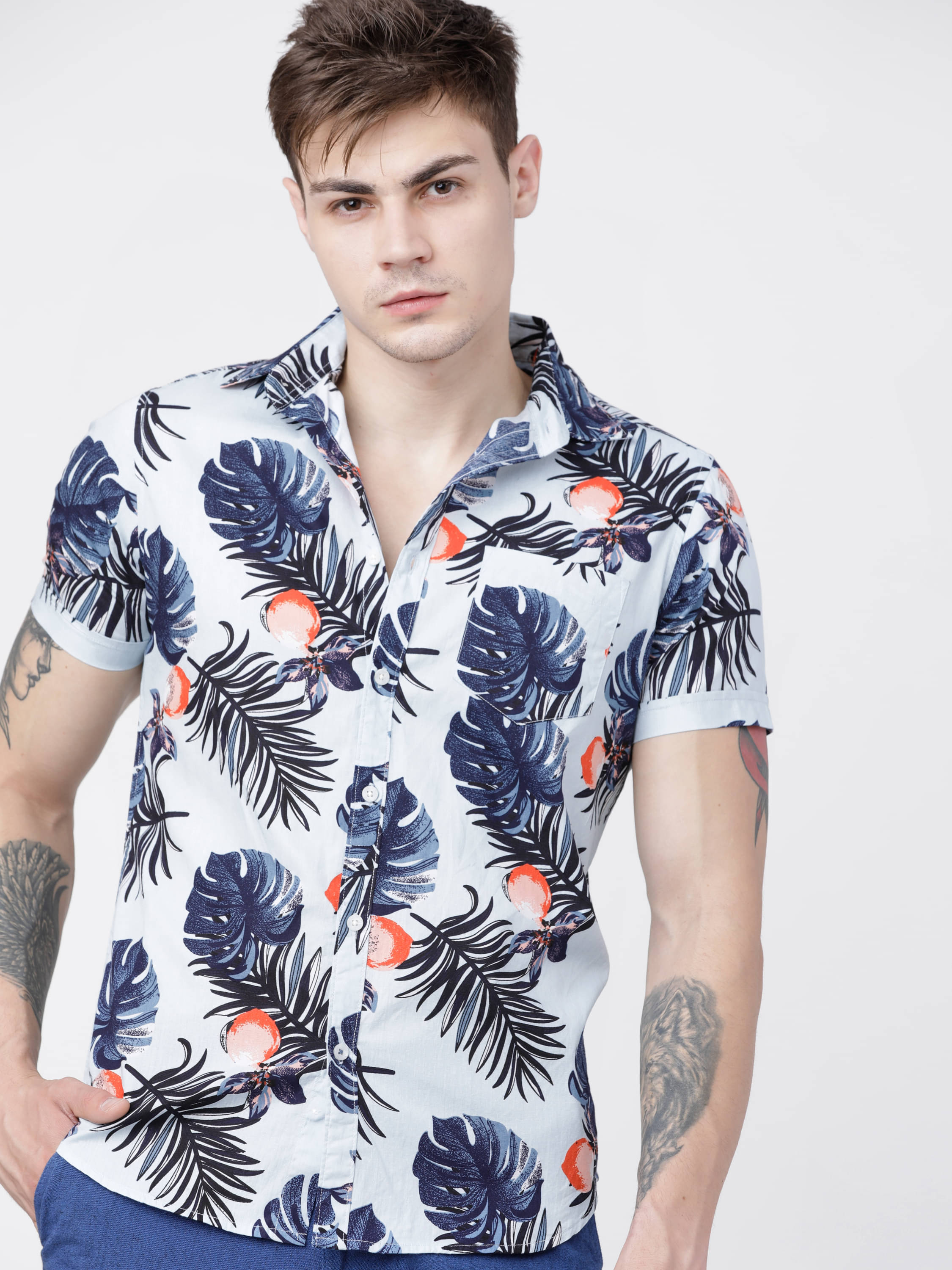     			Highlander 100% Cotton Slim Fit Printed Half Sleeves Men's Casual Shirt - Blue ( Pack of 1 )