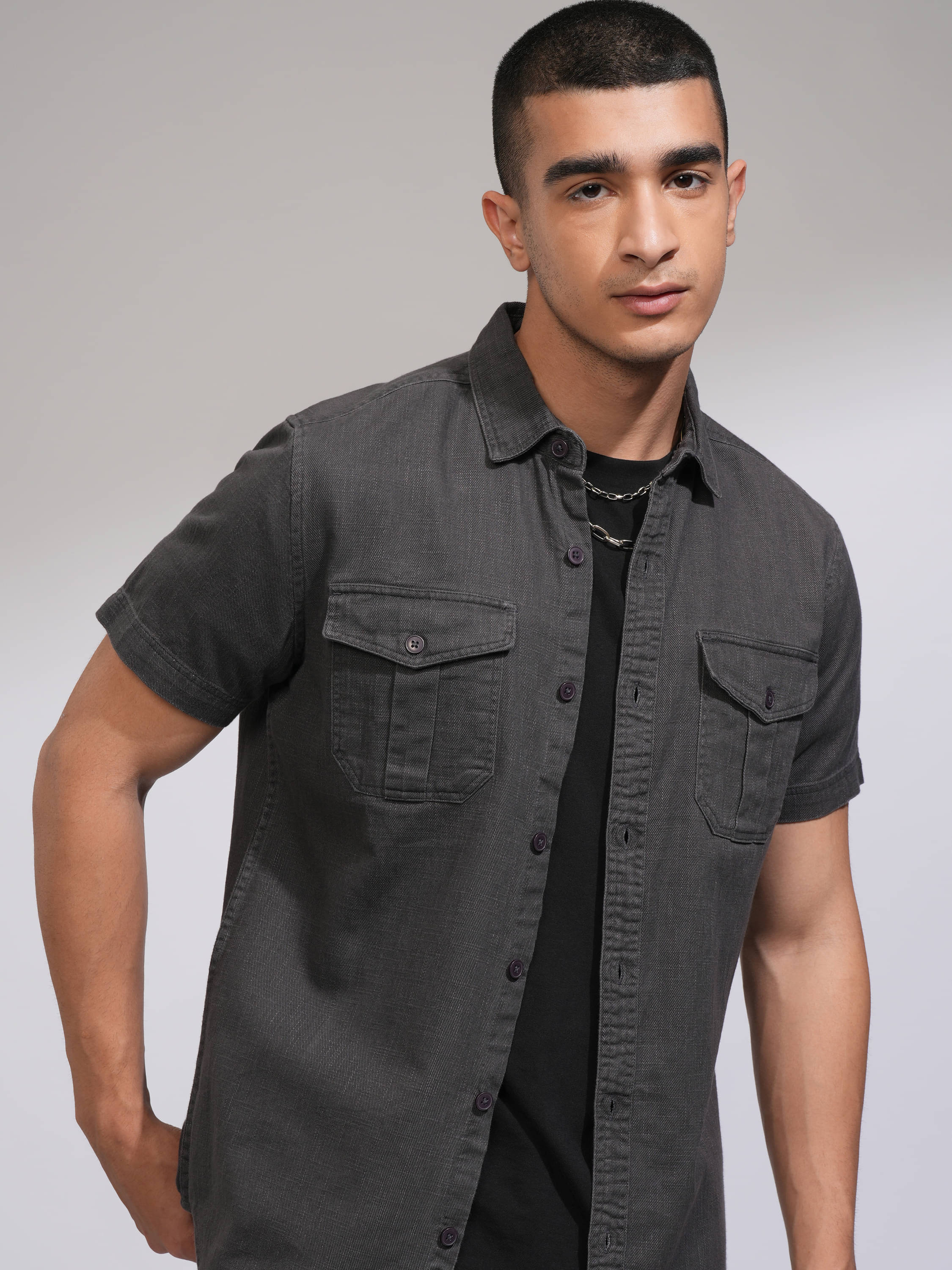     			Highlander 100% Cotton Slim Fit Self Design Half Sleeves Men's Casual Shirt - Grey ( Pack of 1 )