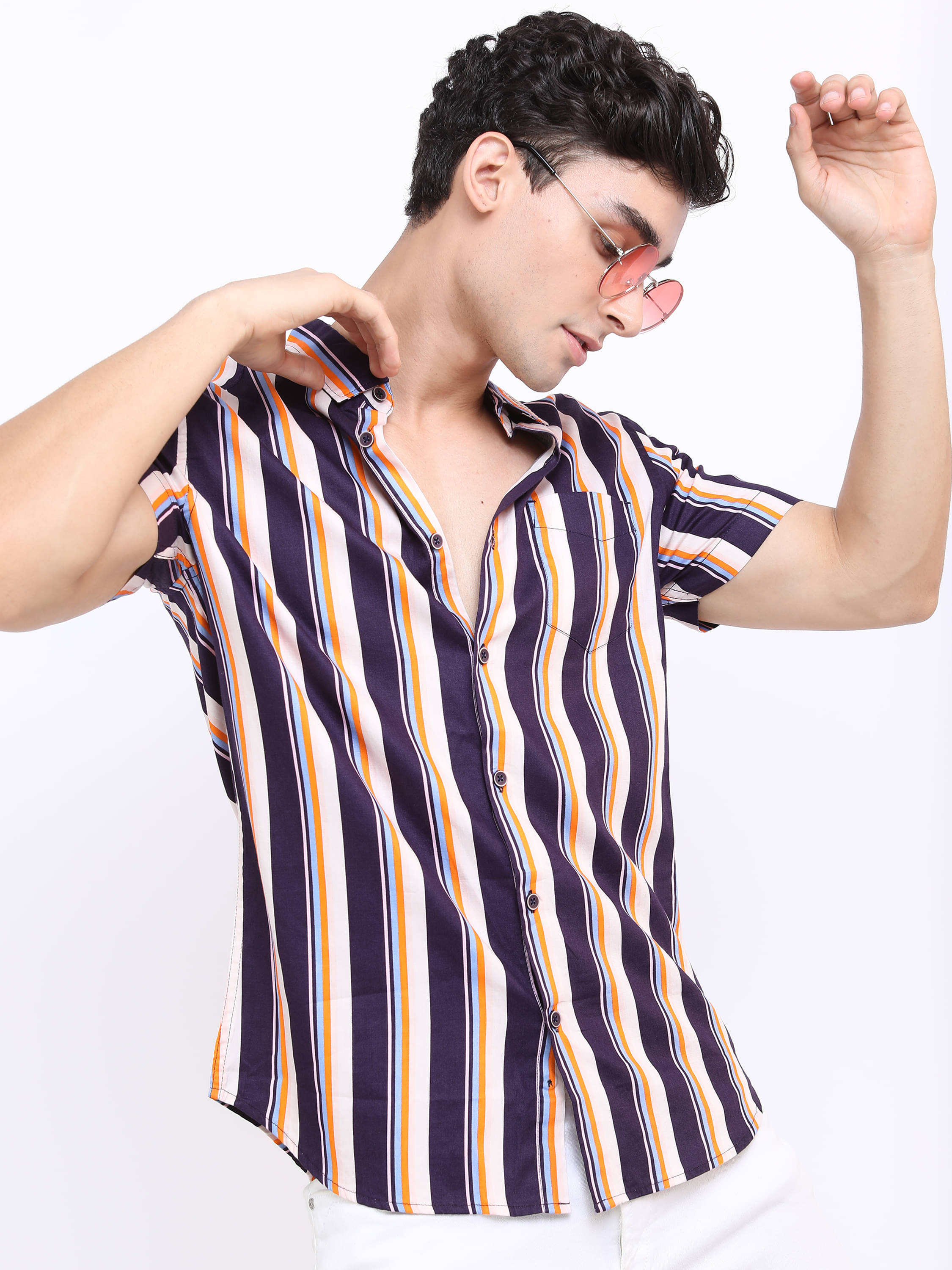     			Highlander 100% Cotton Slim Fit Striped Half Sleeves Men's Casual Shirt - Purple ( Pack of 1 )
