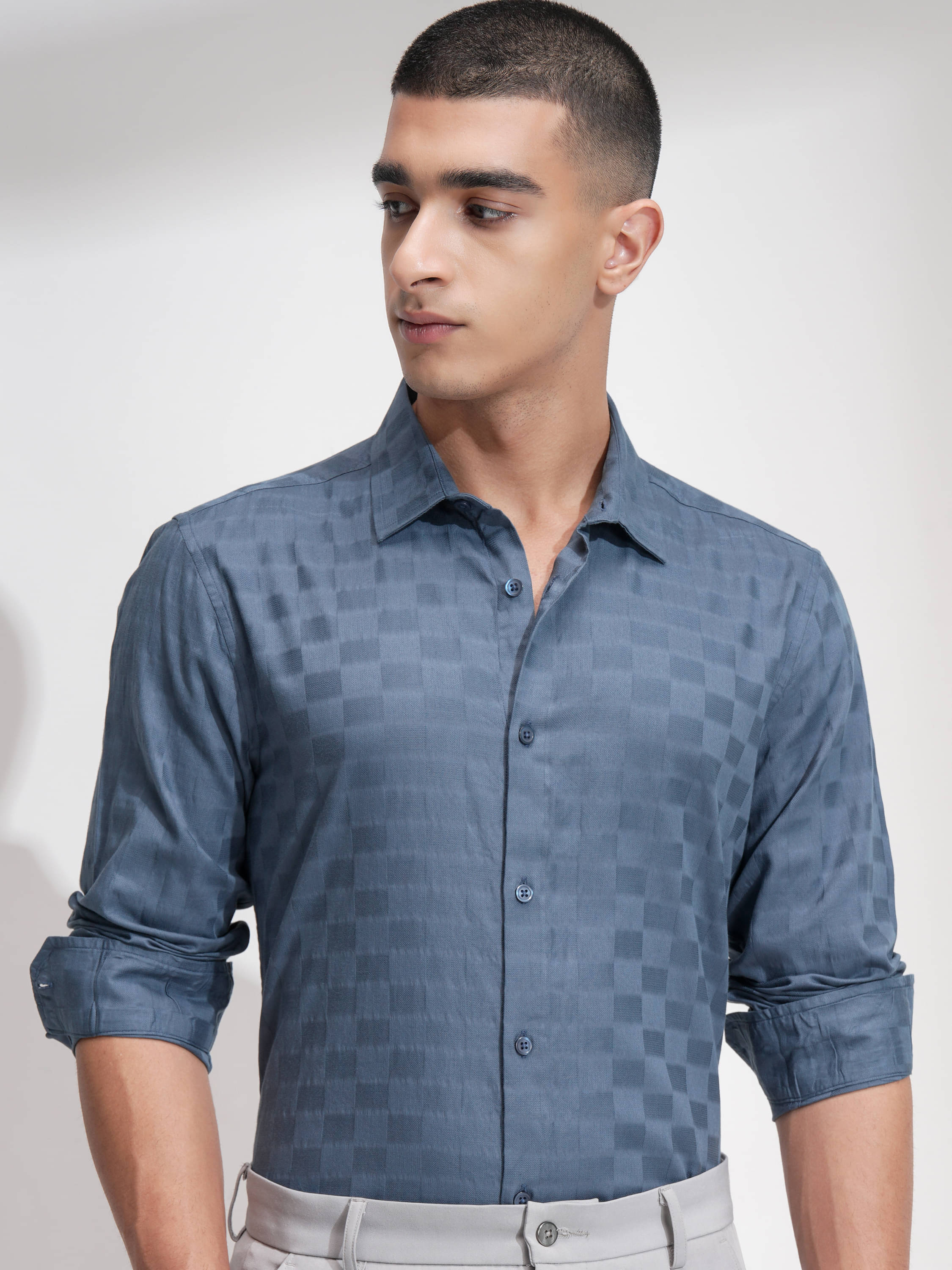     			Highlander 100% Cotton Slim Fit Self Design Full Sleeves Men's Casual Shirt - Blue ( Pack of 1 )