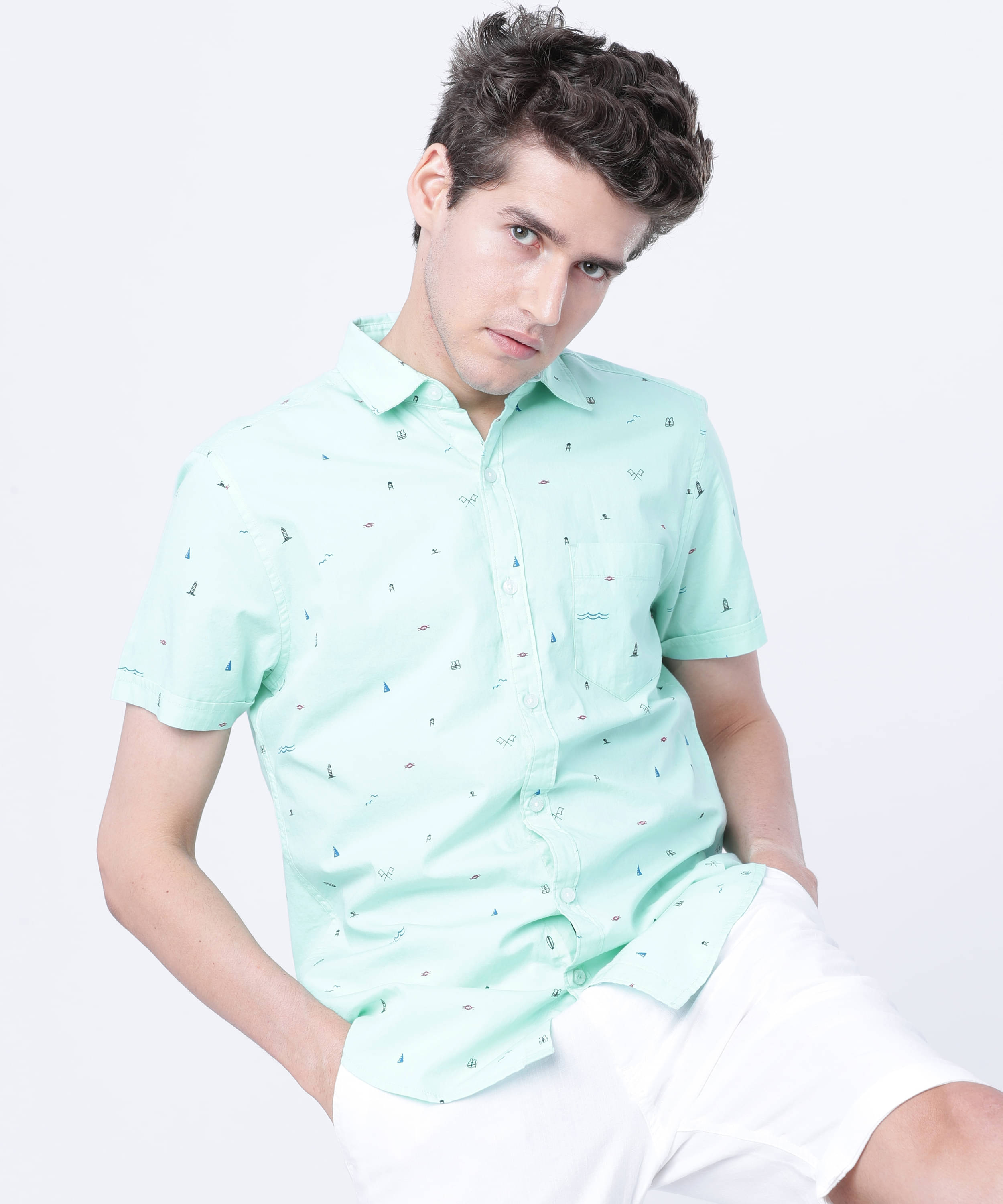     			Highlander 100% Cotton Slim Fit Printed Half Sleeves Men's Casual Shirt - Blue ( Pack of 1 )