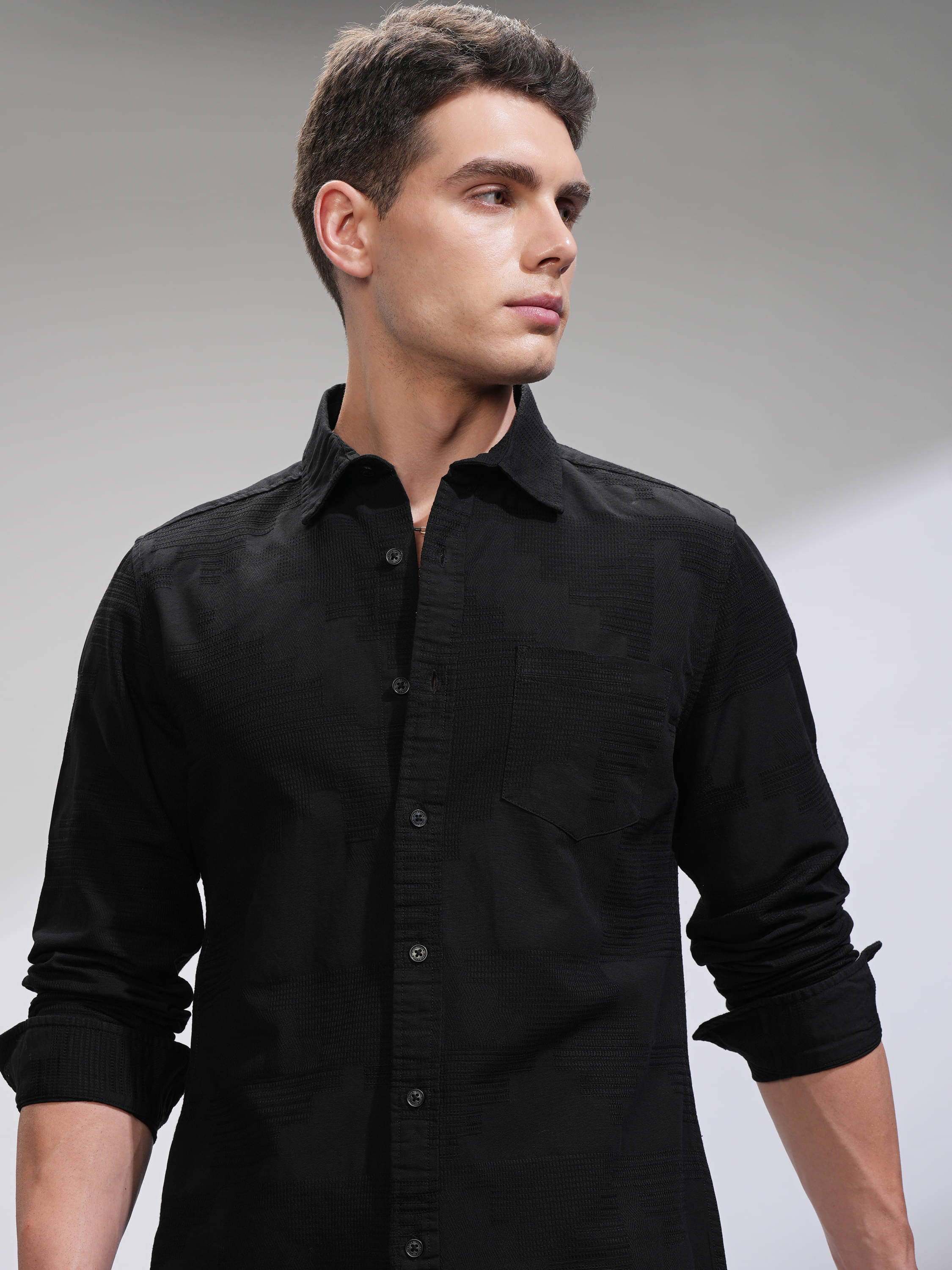    			Highlander 100% Cotton Slim Fit Self Design Full Sleeves Men's Casual Shirt - Black ( Pack of 1 )