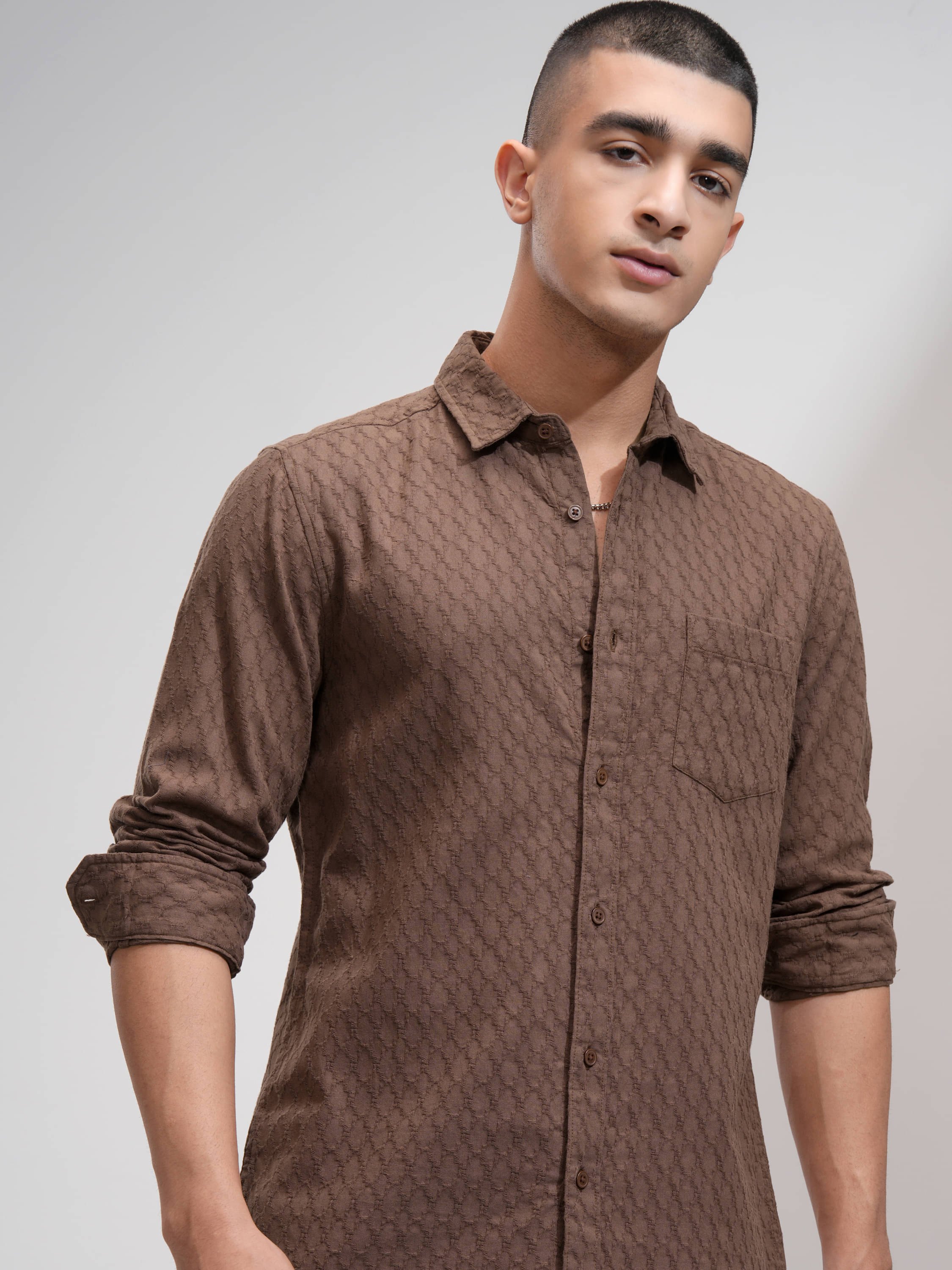     			Highlander 100% Cotton Slim Fit Self Design Full Sleeves Men's Casual Shirt - Brown ( Pack of 1 )