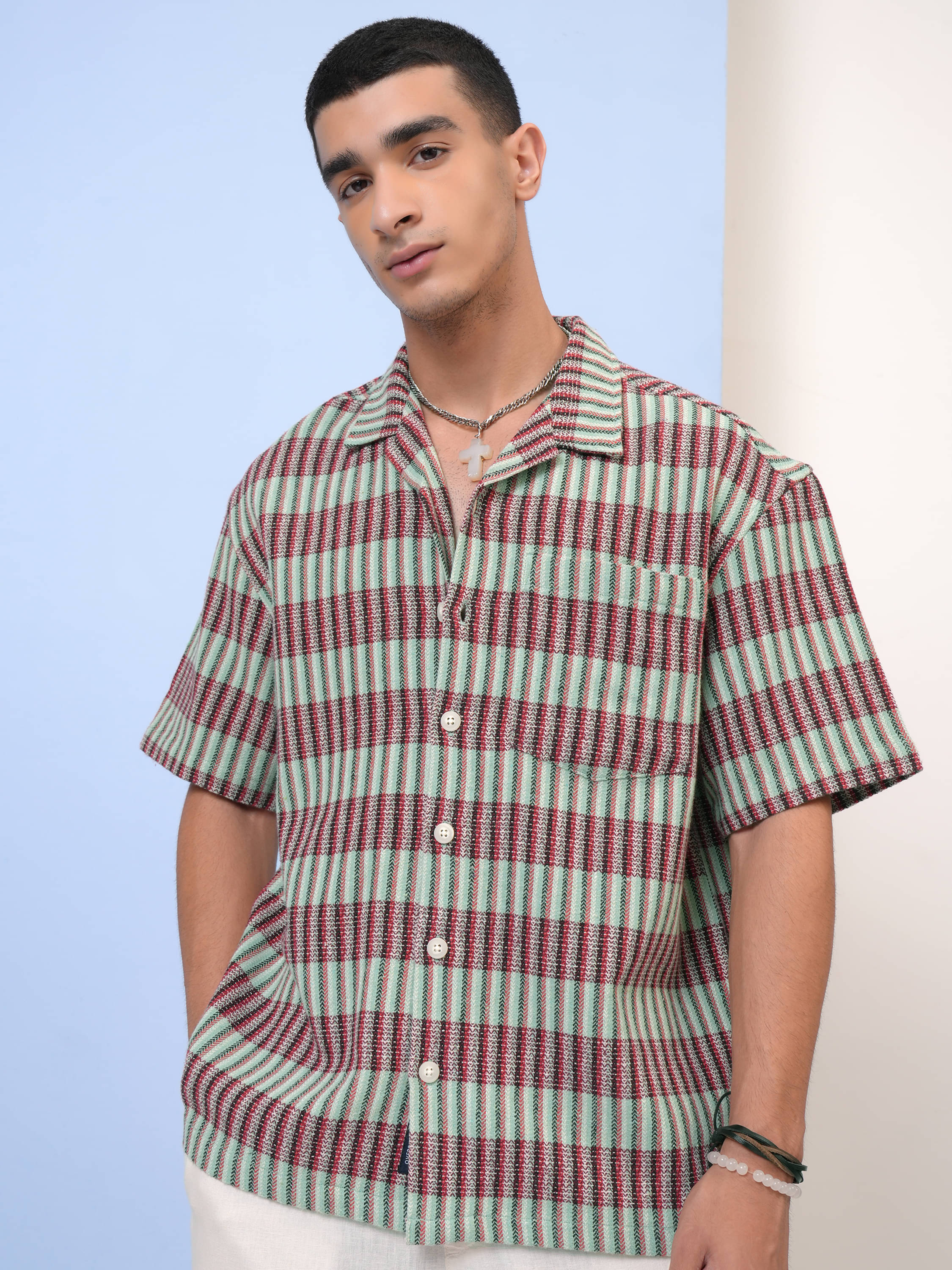 Highlander Cotton Blend Oversized Fit Striped Half Sleeves Men's Casual Shirt - Green ( Pack of 1 ) Highlander Cotton Blend Oversized Fit Striped Half Sleeves Men's Casual Shirt - Green ( Pack of 1 )