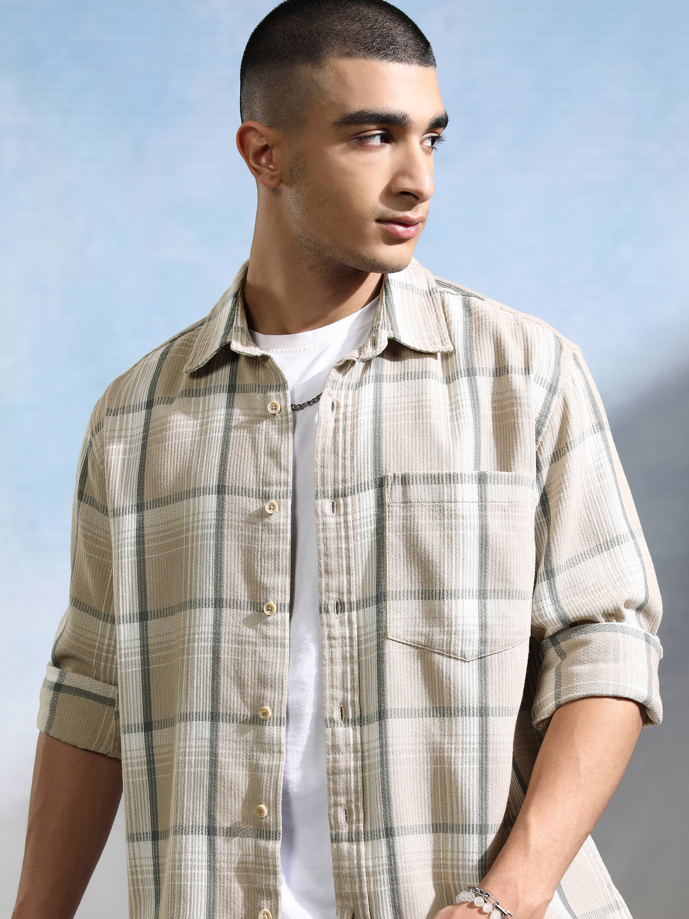     			Highlander Cotton Blend Oversized Fit Checks Full Sleeves Men's Casual Shirt - Beige ( Pack of 1 )