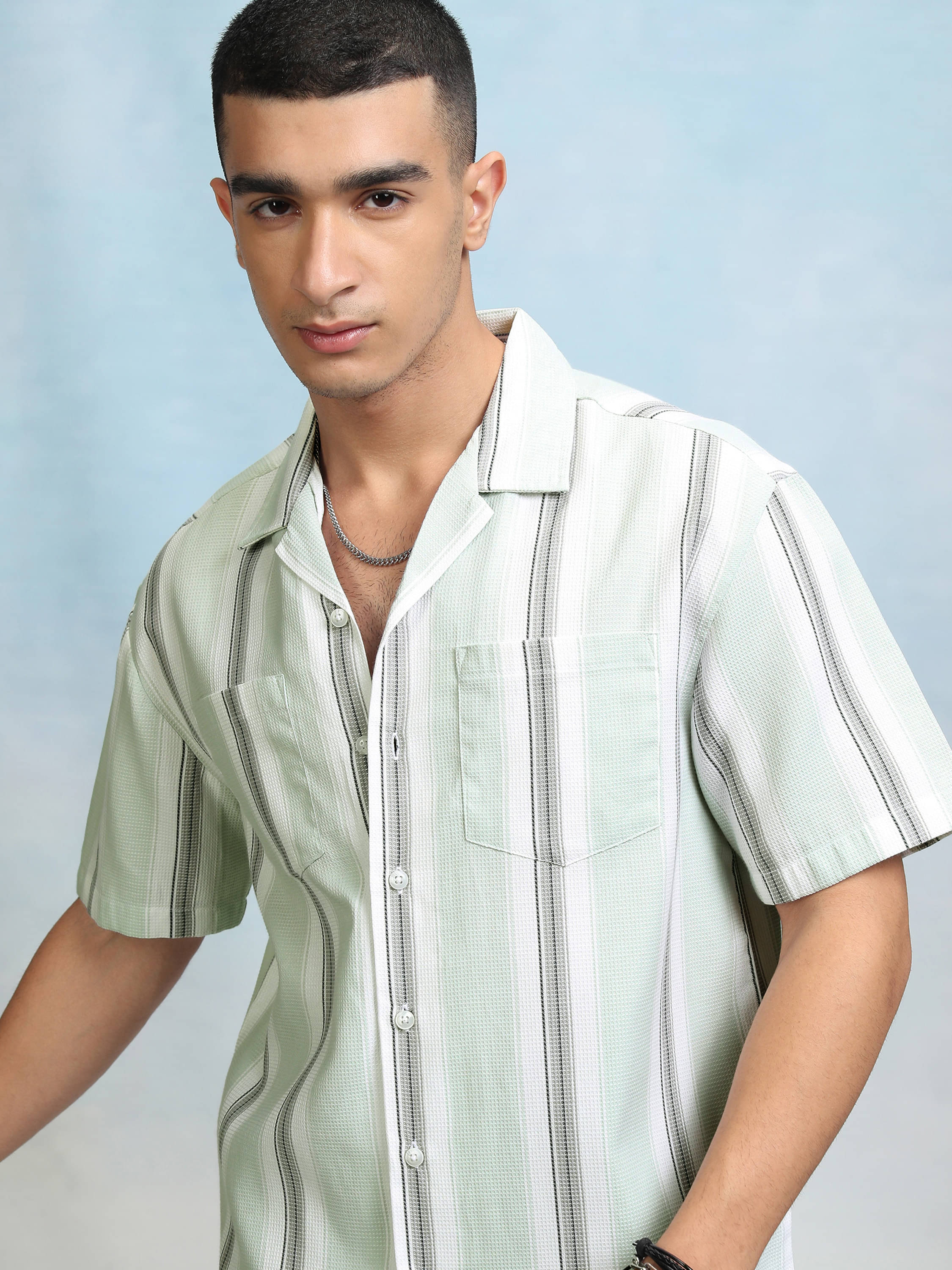     			Highlander Cotton Blend Relaxed Fit Striped Half Sleeves Men's Casual Shirt - Green ( Pack of 1 )