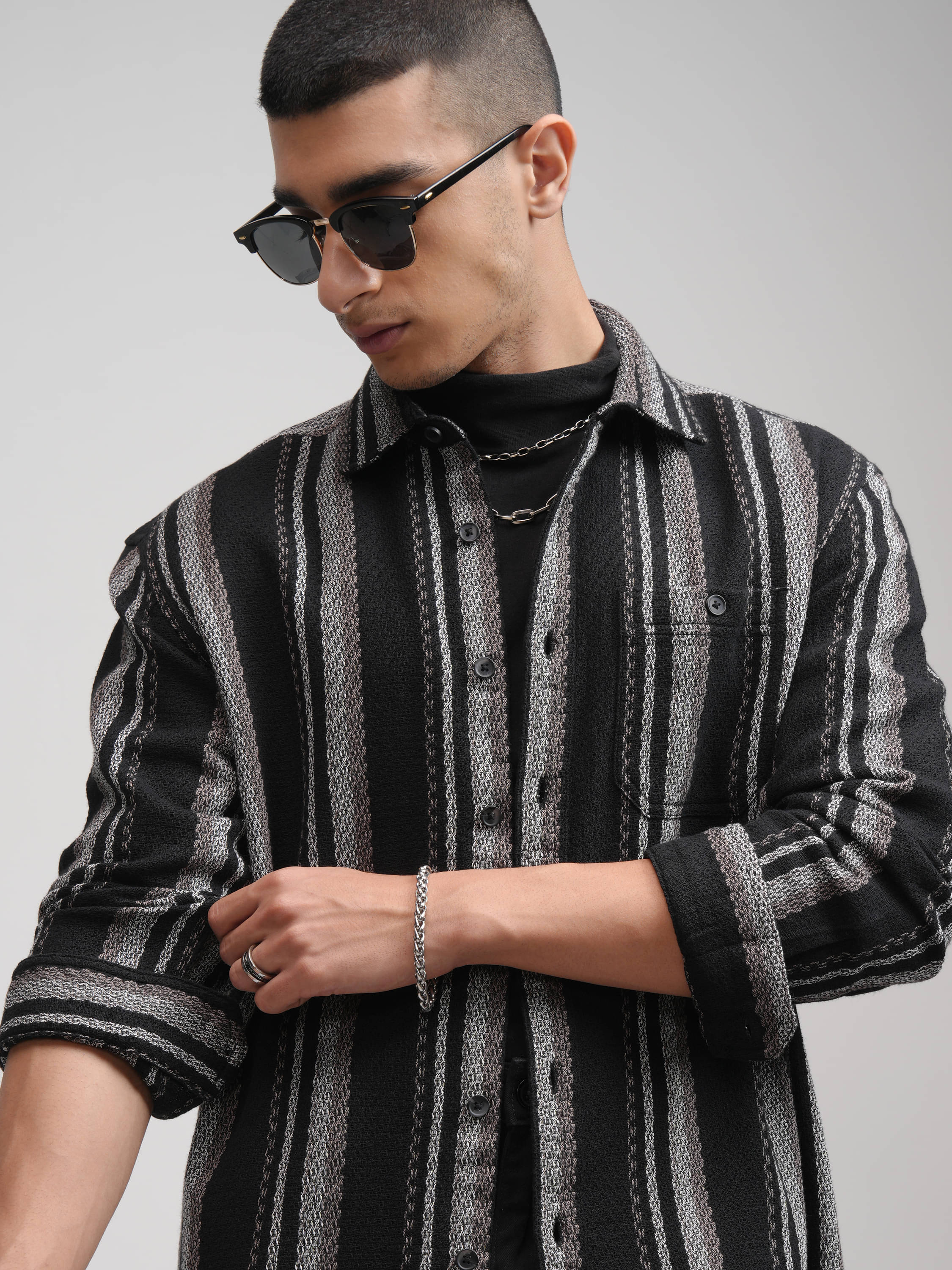     			Highlander Cotton Blend Relaxed Fit Striped Full Sleeves Men's Casual Shirt - Black ( Pack of 1 )