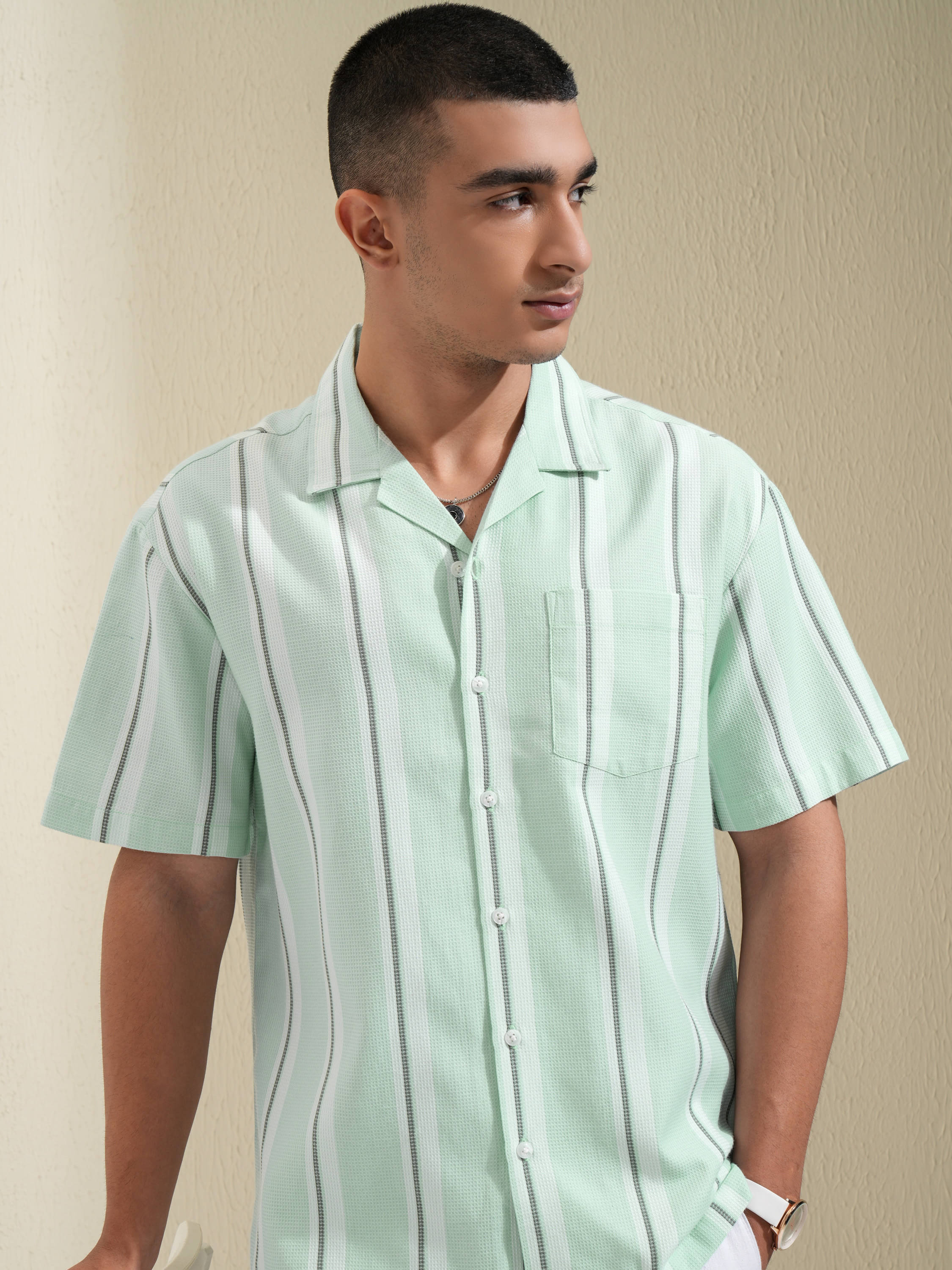     			Highlander Cotton Blend Relaxed Fit Striped Half Sleeves Men's Casual Shirt - Green ( Pack of 1 )