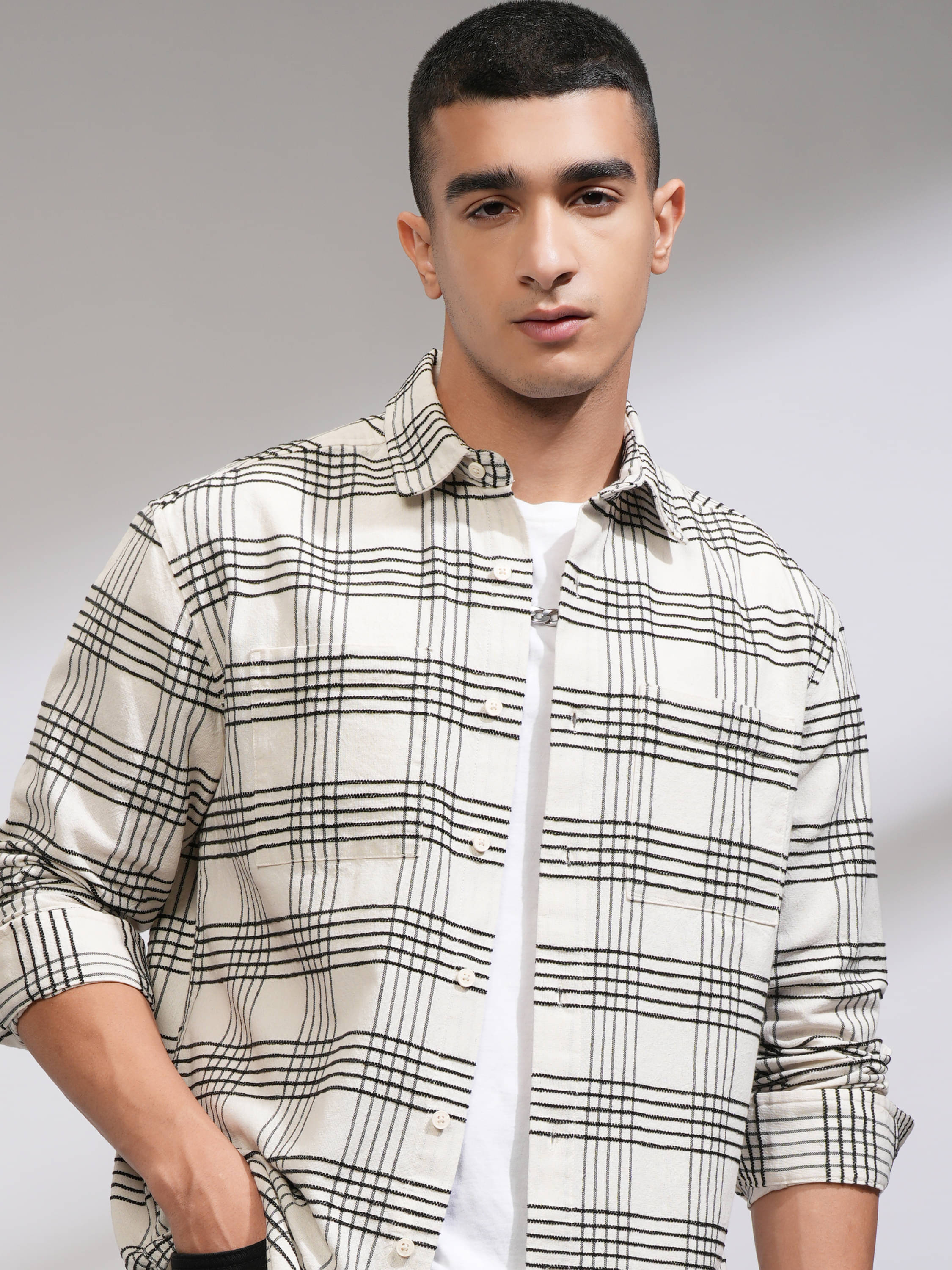     			Highlander Cotton Blend Relaxed Fit Checks Full Sleeves Men's Casual Shirt - Off White ( Pack of 1 )