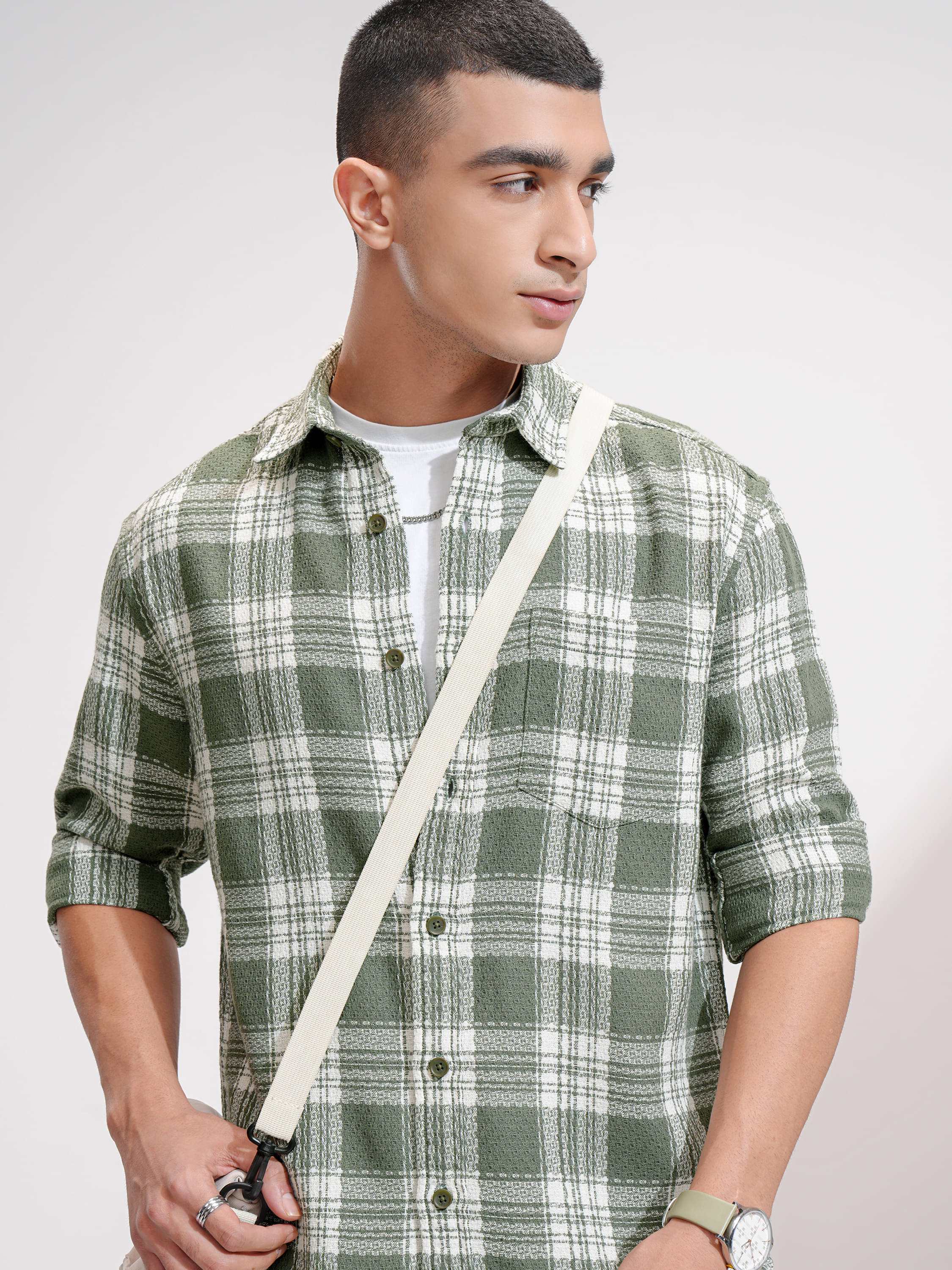    			Highlander Cotton Blend Relaxed Fit Checks Full Sleeves Men's Casual Shirt - Olive ( Pack of 1 )