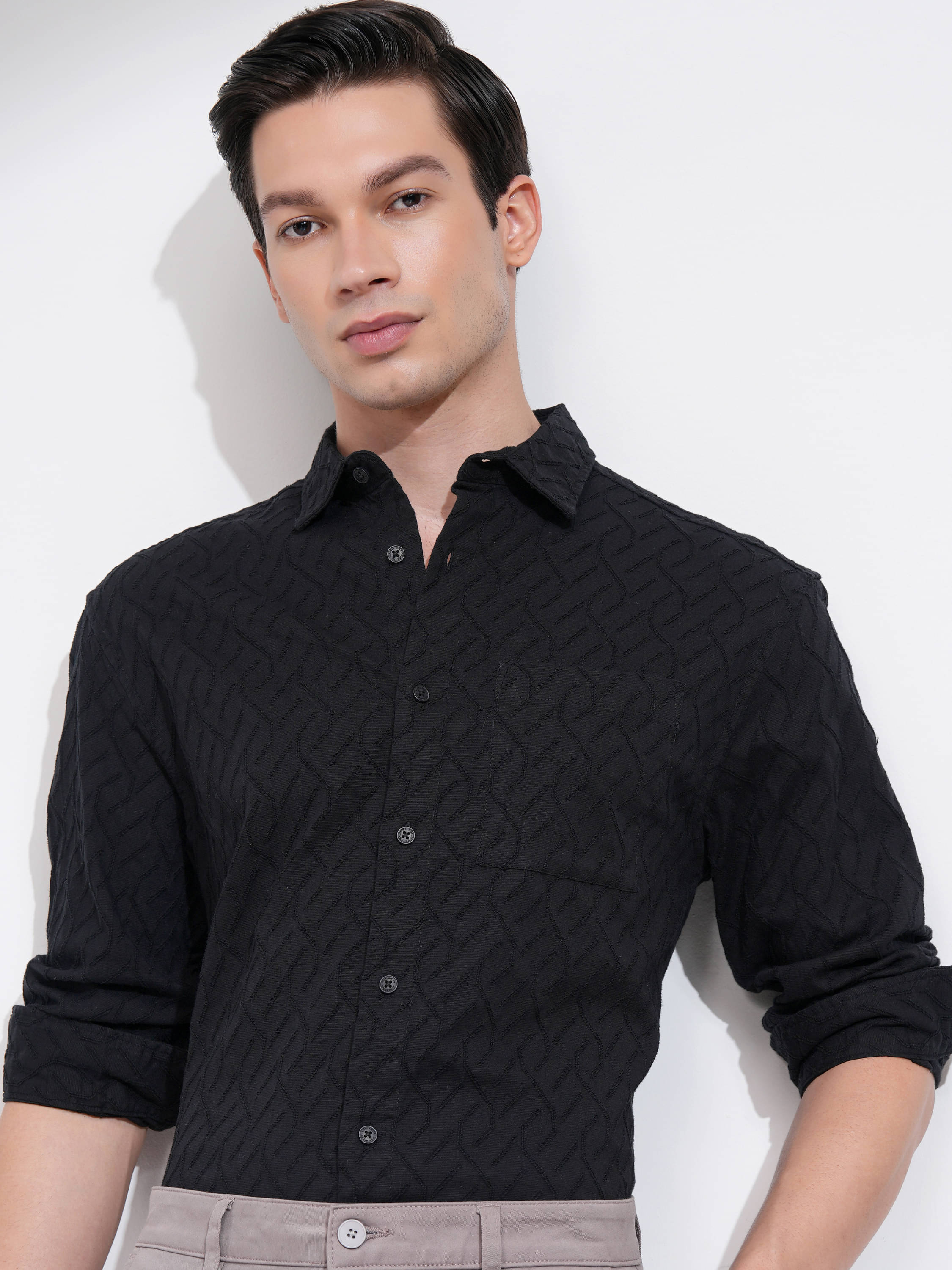 Highlander Cotton Blend Relaxed Fit Self Design Full Sleeves Men's Casual Shirt - Black ( Pack of 1 ) Highlander Cotton Blend Relaxed Fit Self Design Full Sleeves Men's Casual Shirt - Black ( Pack of 1 )
