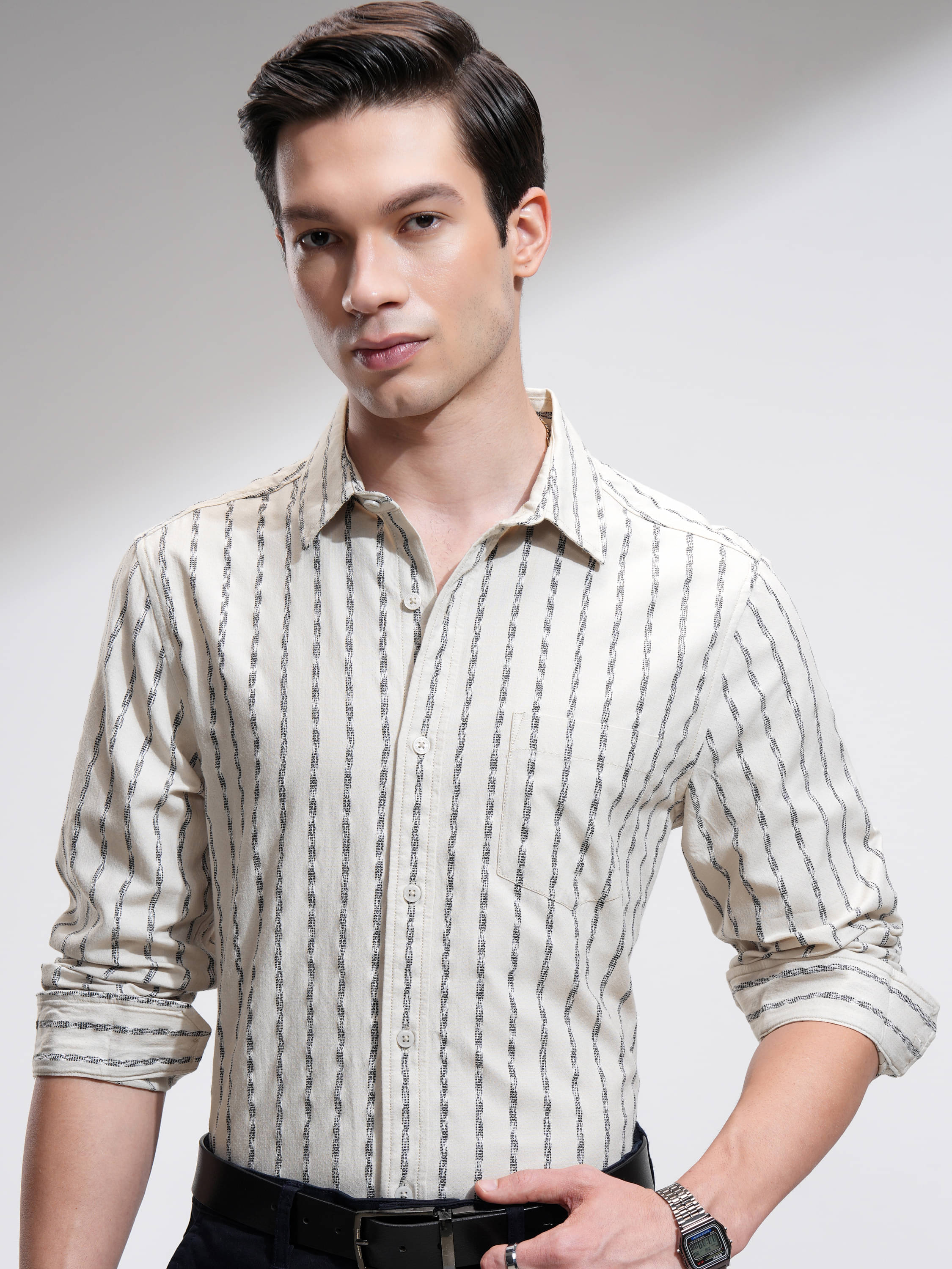 Highlander Cotton Blend Slim Fit Striped Full Sleeves Men's Casual Shirt - Cream ( Pack of 1 ) Highlander Cotton Blend Slim Fit Striped Full Sleeves Men's Casual Shirt - Cream ( Pack of 1 )