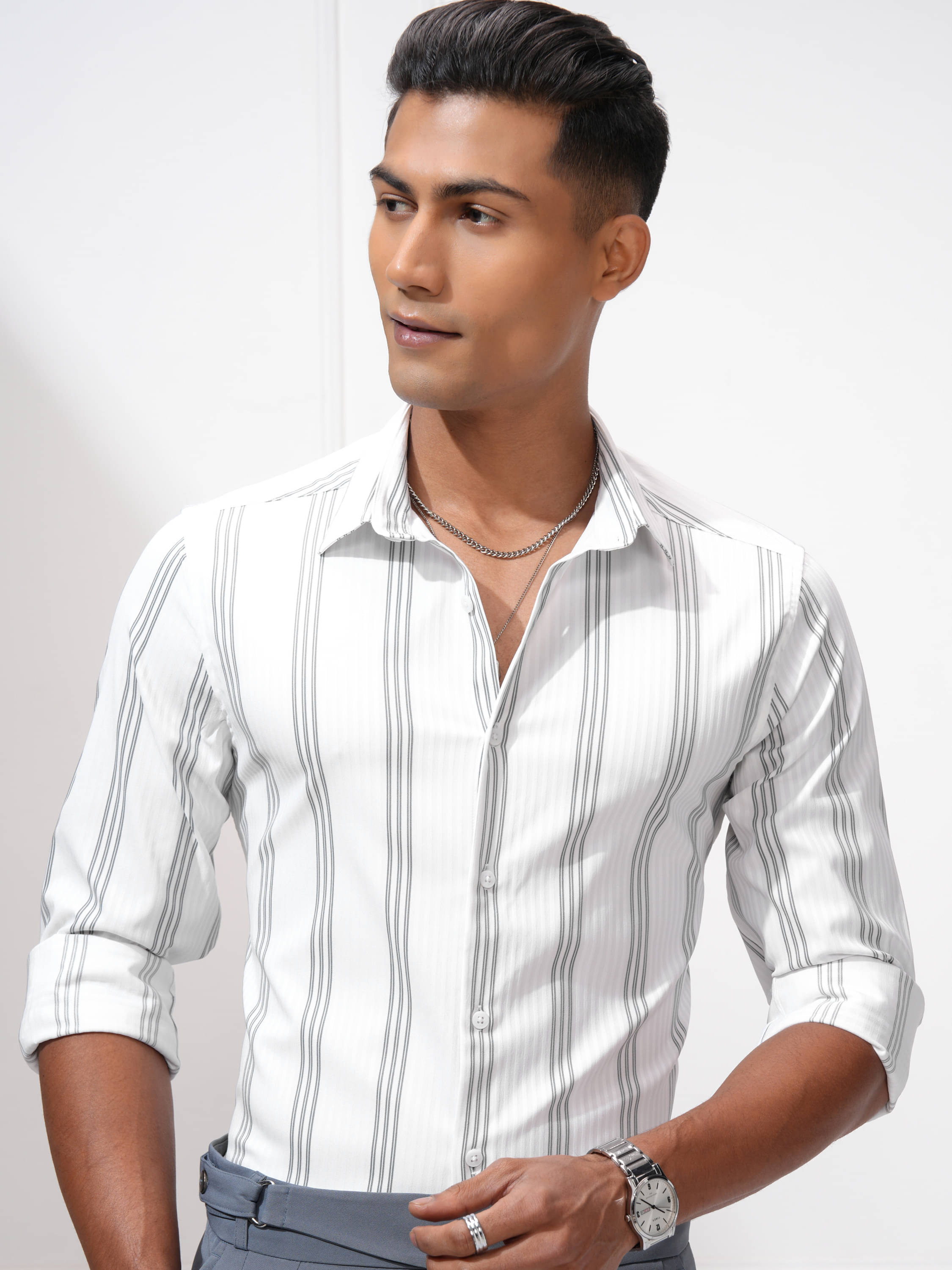     			Highlander Cotton Blend Slim Fit Striped Full Sleeves Men's Casual Shirt - White ( Pack of 1 )