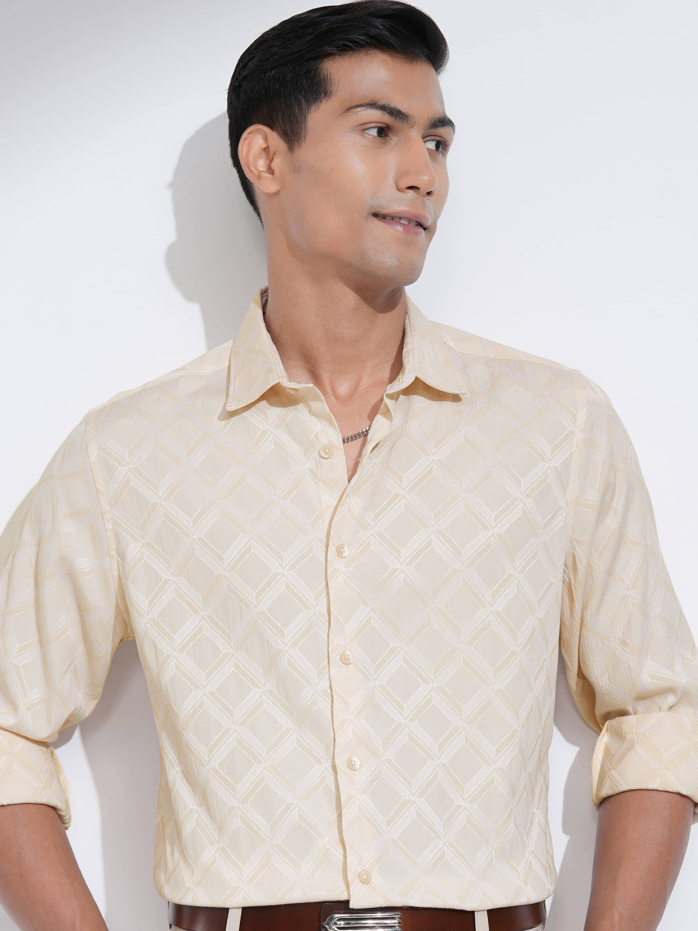 Highlander Cotton Blend Slim Fit Self Design Full Sleeves Men's Casual Shirt - Cream ( Pack of 1 ) Highlander Cotton Blend Slim Fit Self Design Full Sleeves Men's Casual Shirt - Cream ( Pack of 1 )