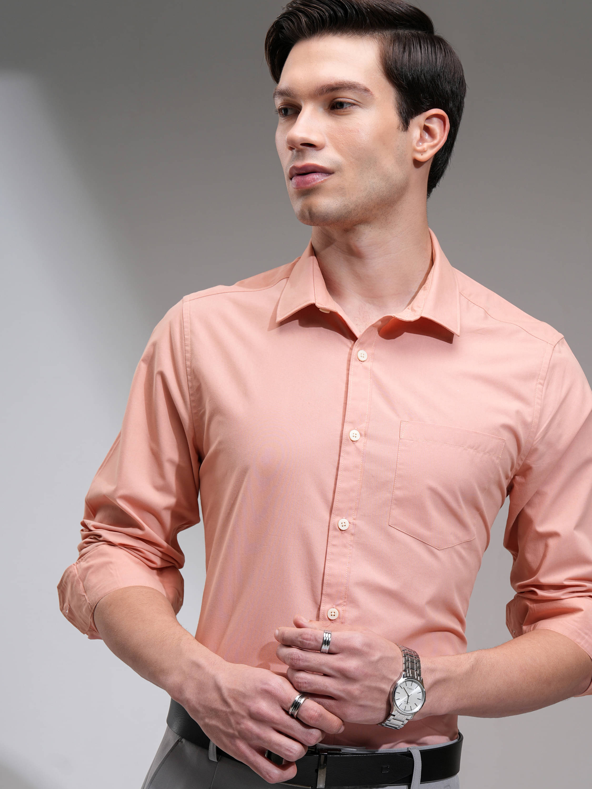 Highlander Cotton Blend Slim Fit Solids Full Sleeves Men's Casual Shirt - Peach ( Pack of 1 )     			Highlander Cotton Blend Slim Fit Solids Full Sleeves Men's Casual Shirt - Peach ( Pack of 1 )