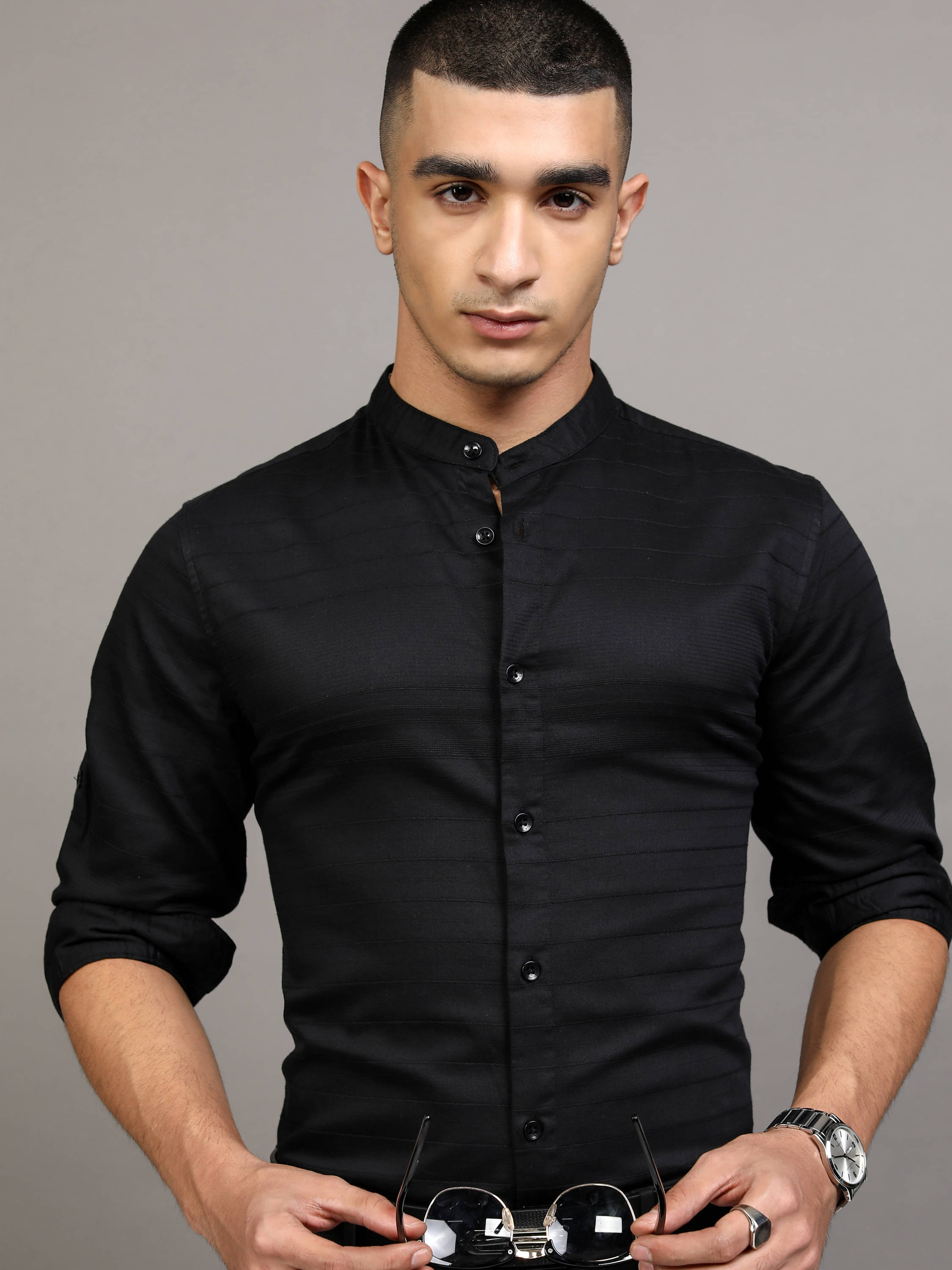     			Highlander Cotton Blend Slim Fit Striped Full Sleeves Men's Casual Shirt - Black ( Pack of 1 )