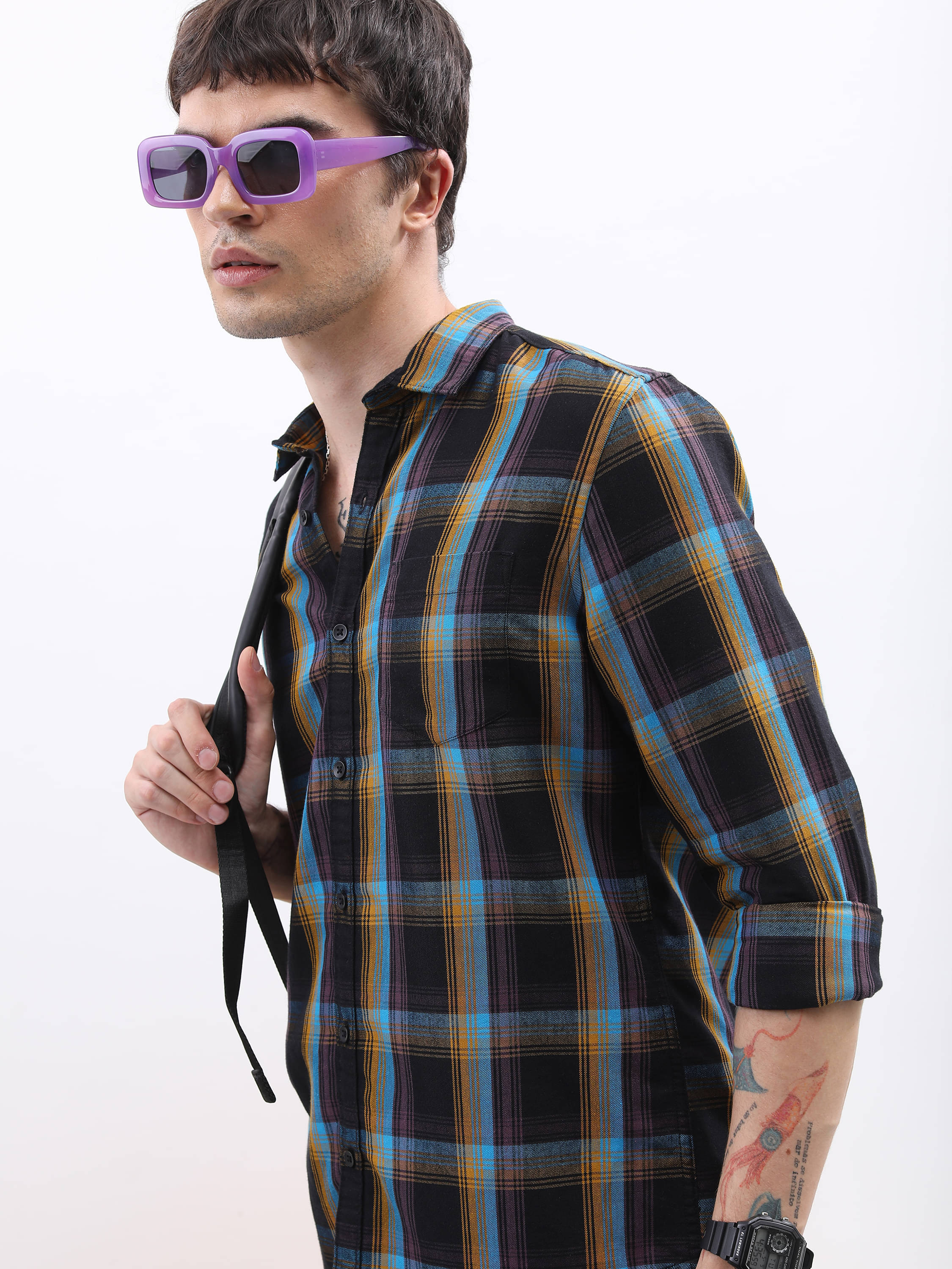     			Highlander Cotton Blend Slim Fit Checks Full Sleeves Men's Casual Shirt - Black ( Pack of 1 )