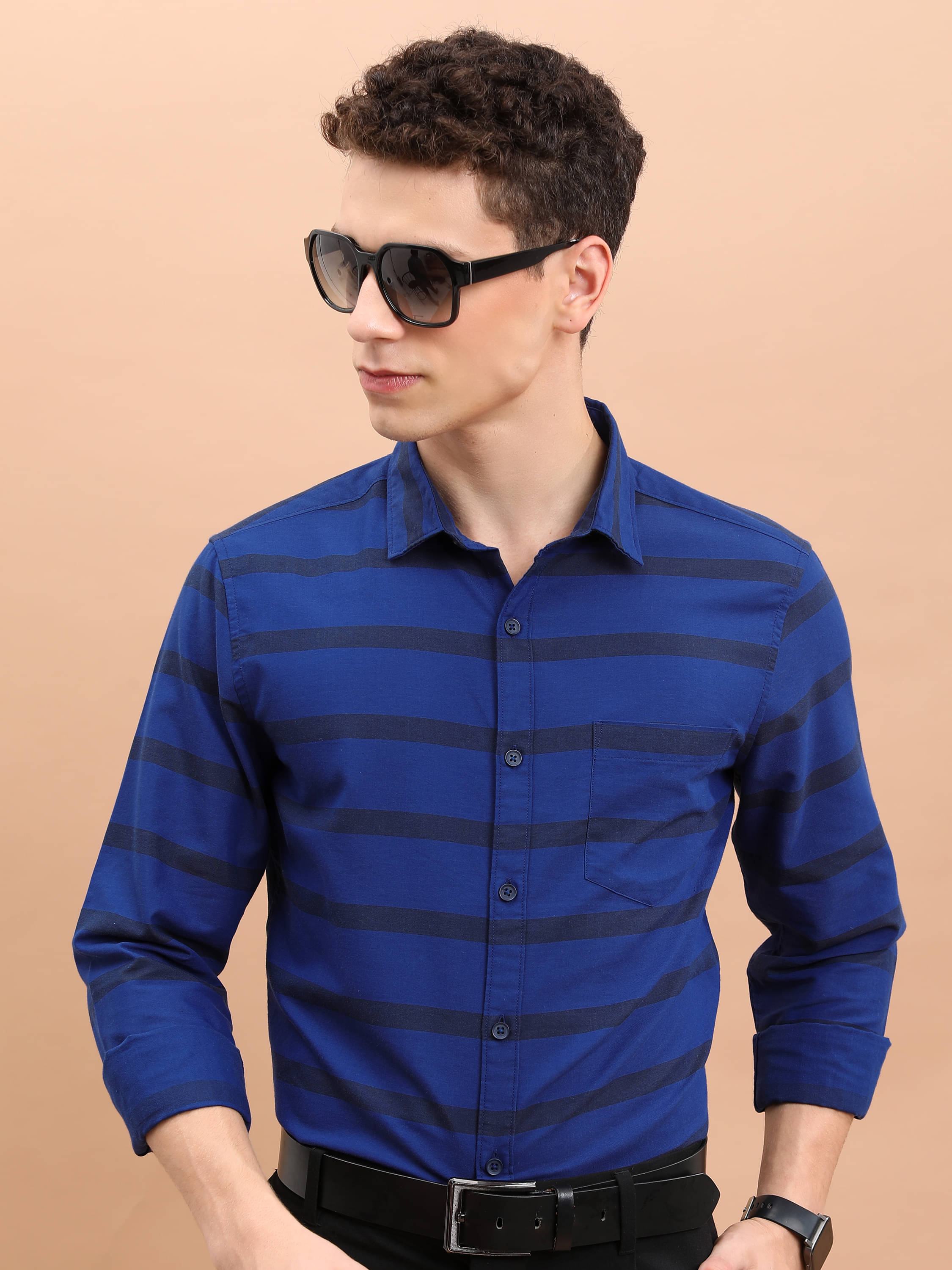 Highlander Cotton Blend Slim Fit Striped Full Sleeves Men's Casual Shirt - Blue ( Pack of 1 )     			Highlander Cotton Blend Slim Fit Striped Full Sleeves Men's Casual Shirt - Blue ( Pack of 1 )