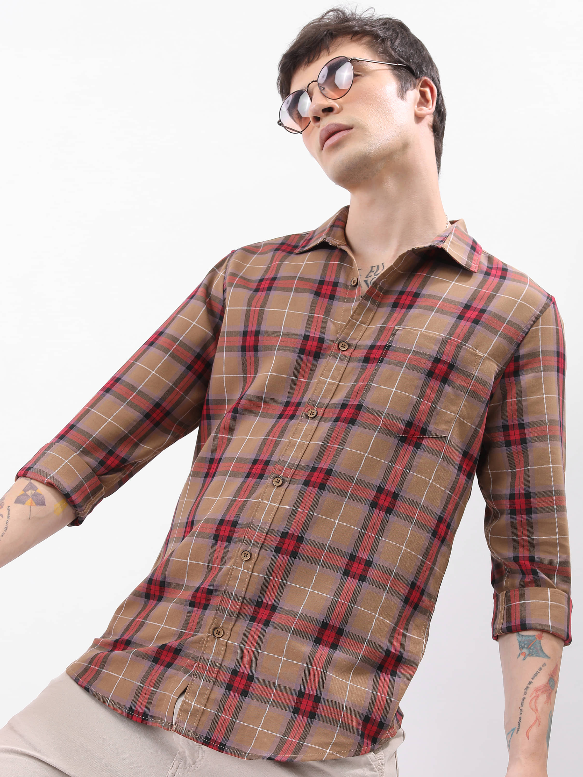 Highlander Cotton Blend Slim Fit Checks Full Sleeves Men's Casual Shirt - Khaki ( Pack of 1 )
