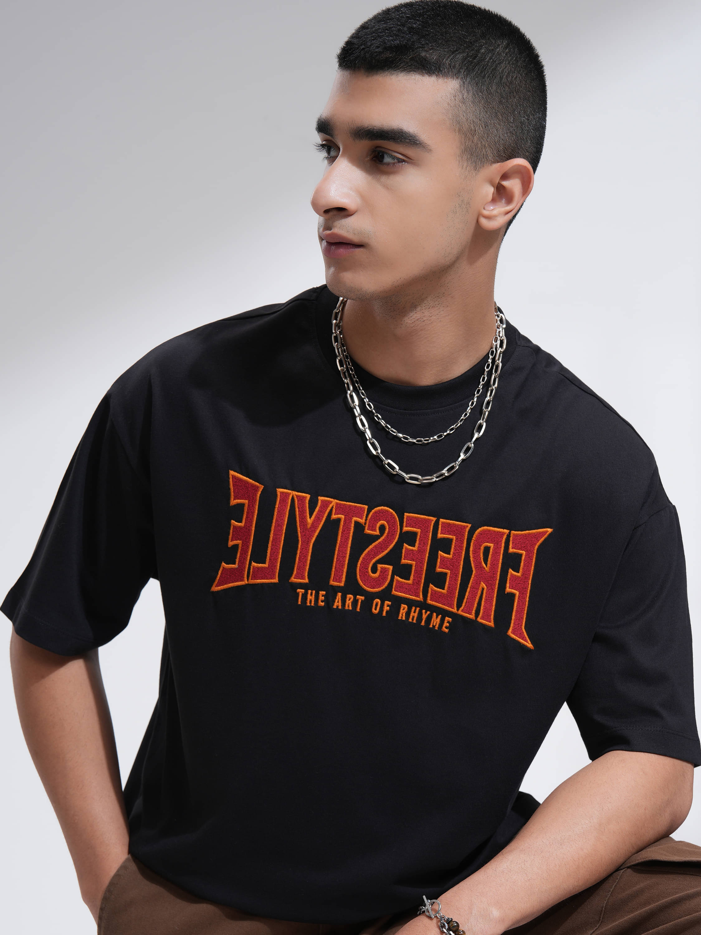 Highlander Men Cotton Blend Oversized Fit Self Design T-Shirt ( Black ) Highlander Men Cotton Blend Oversized Fit Self Design T-Shirt ( Black )