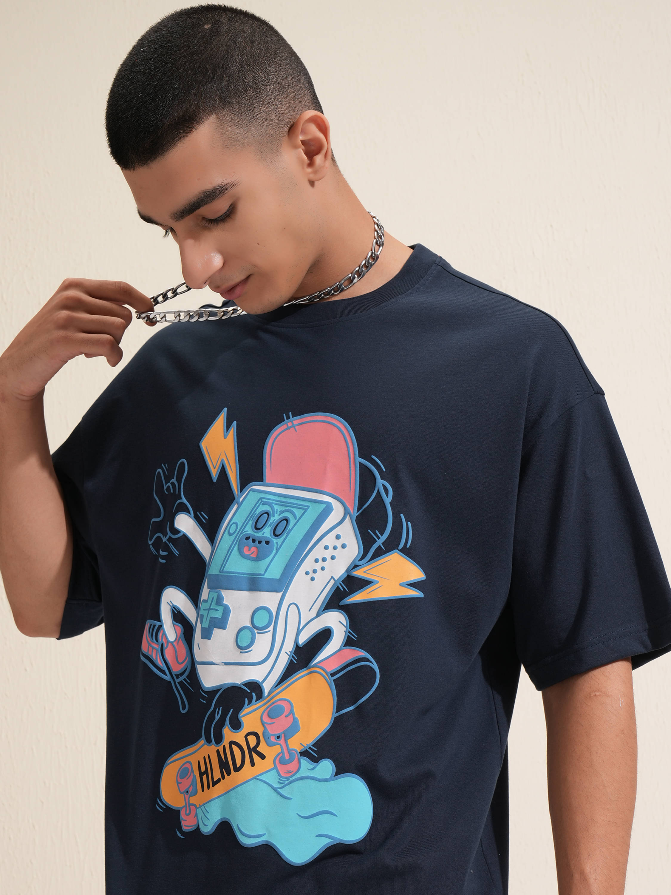     			Highlander Men Cotton Blend Oversized Fit Printed T-Shirt ( Navy Blue )