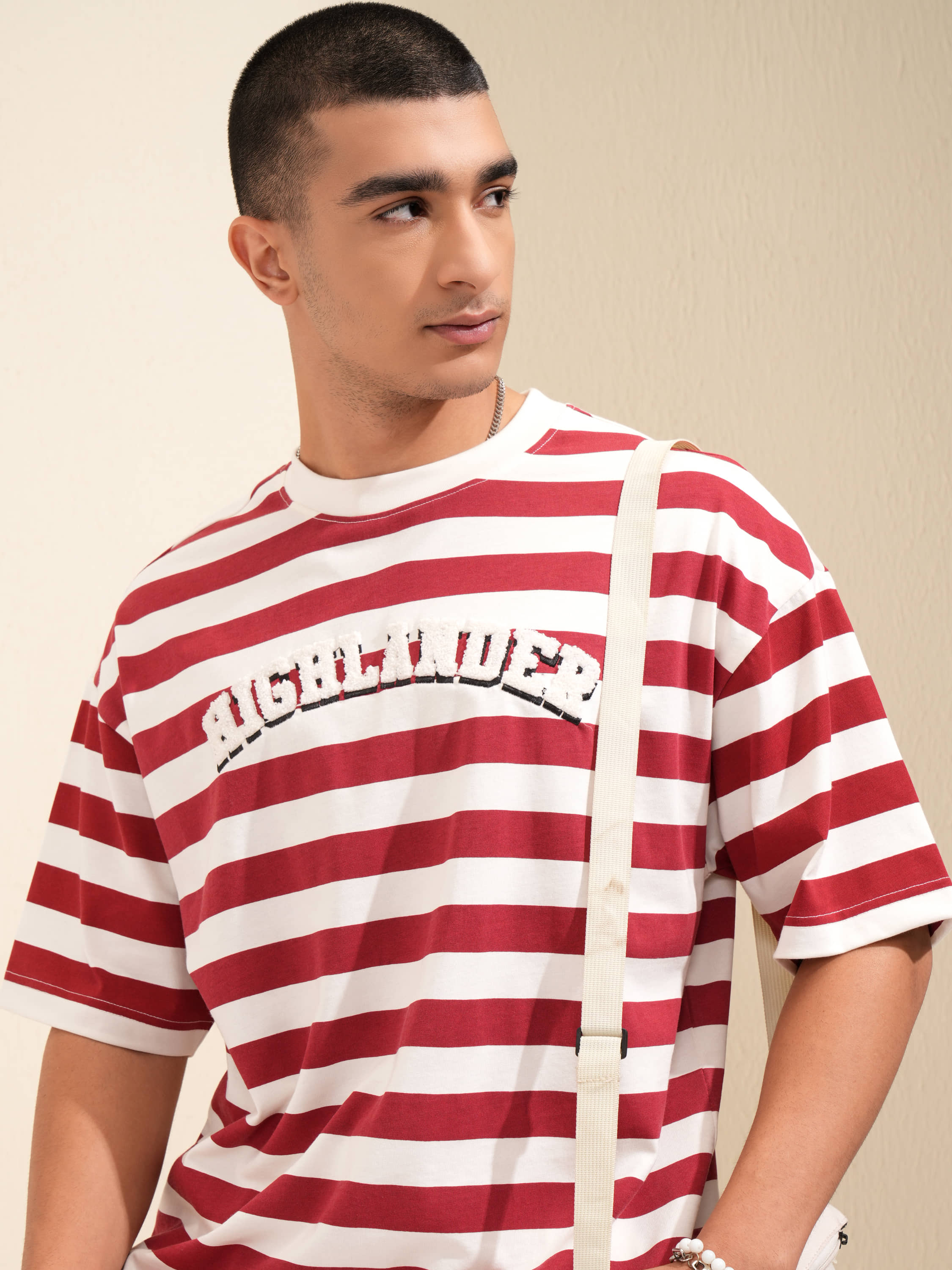 Highlander Men Cotton Blend Oversized Fit Striped T-Shirt ( Off White )