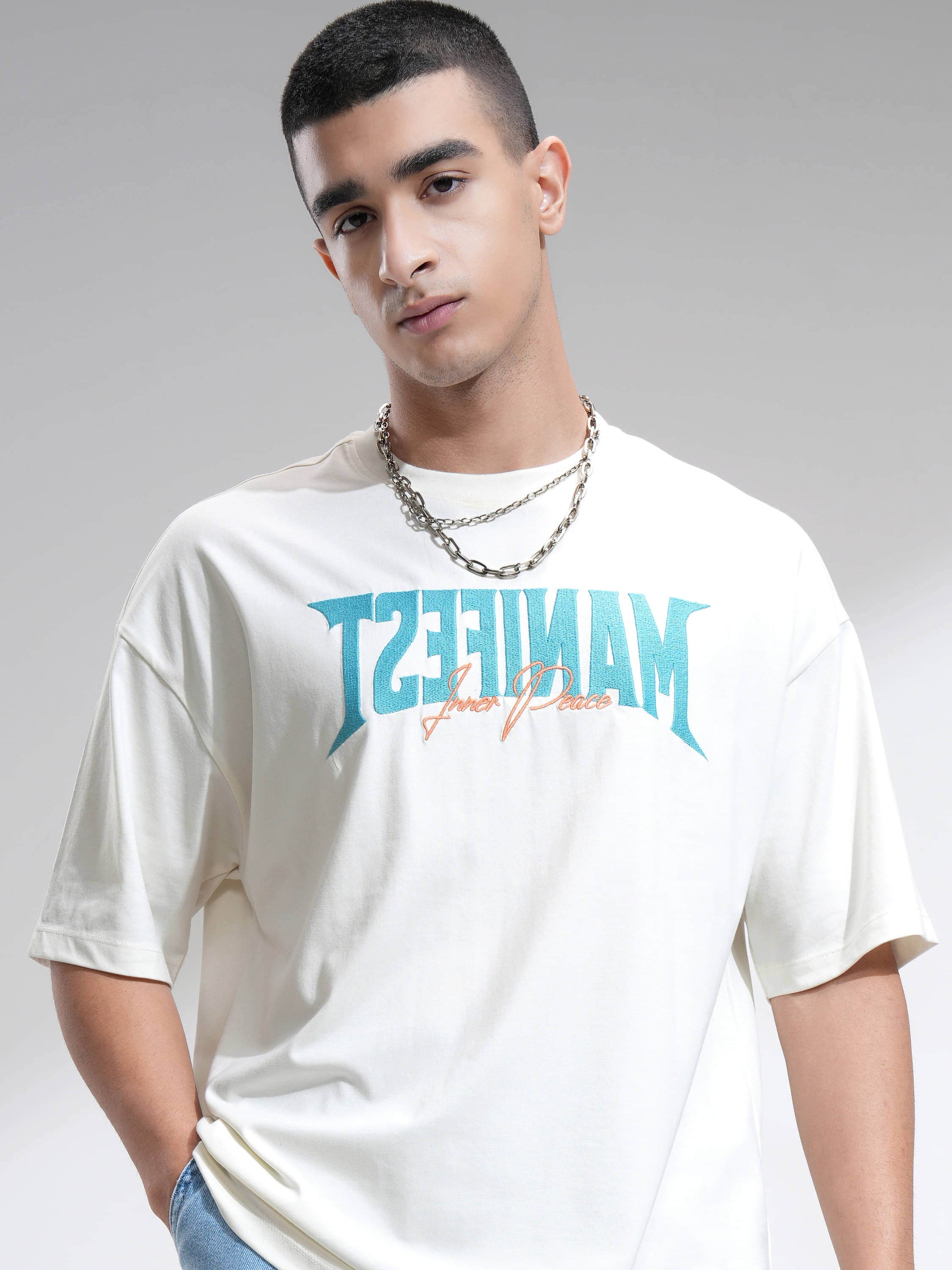     			Highlander Men Cotton Blend Oversized Fit Self Design T-Shirt ( Off White )