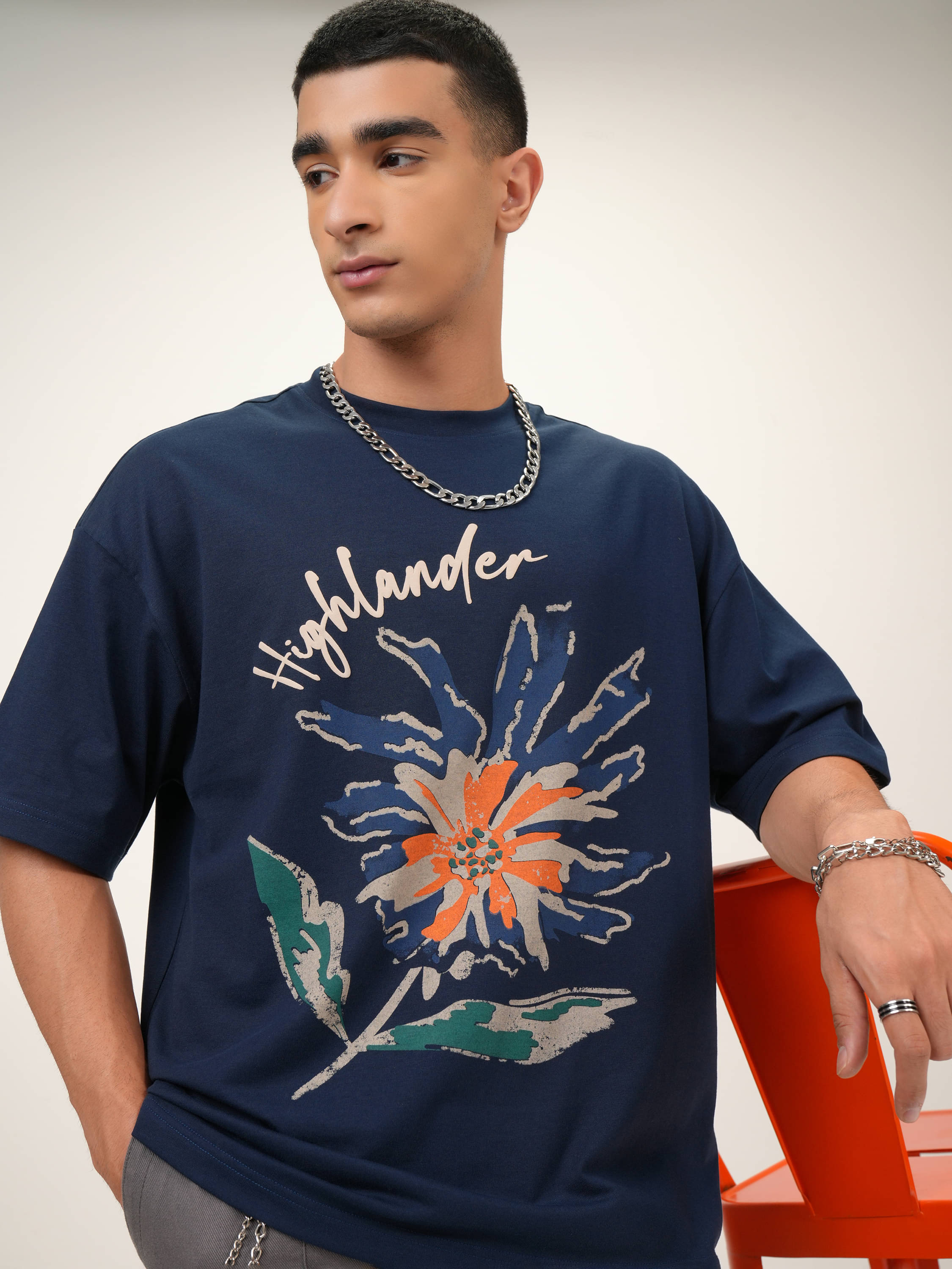     			Highlander Men Cotton Blend Oversized Fit Printed T-Shirt ( Navy Blue )