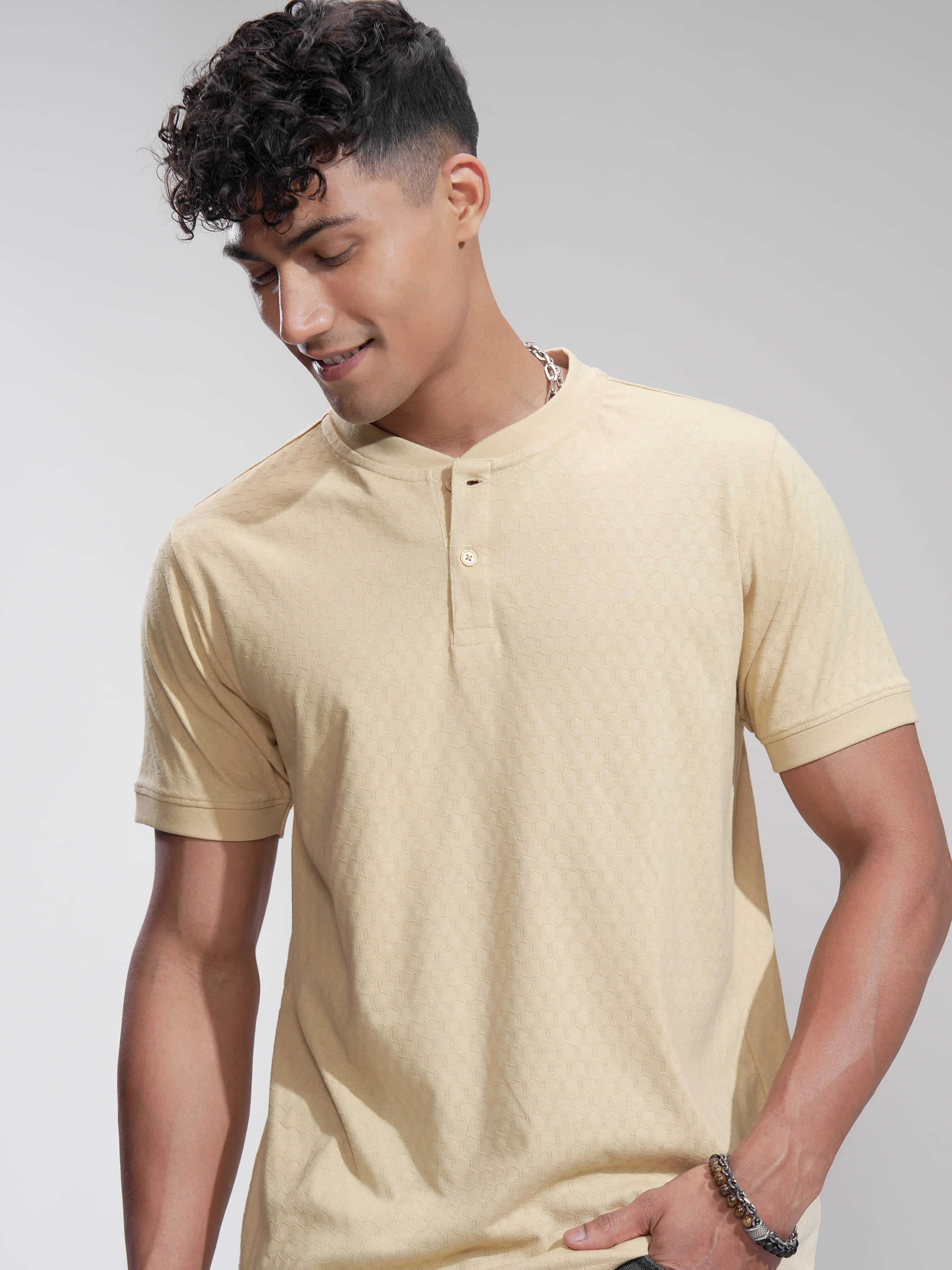 Highlander Men Cotton Blend Relaxed Fit Self Design T-Shirt ( Beige ) Highlander Men Cotton Blend Relaxed Fit Self Design T-Shirt ( Beige )
