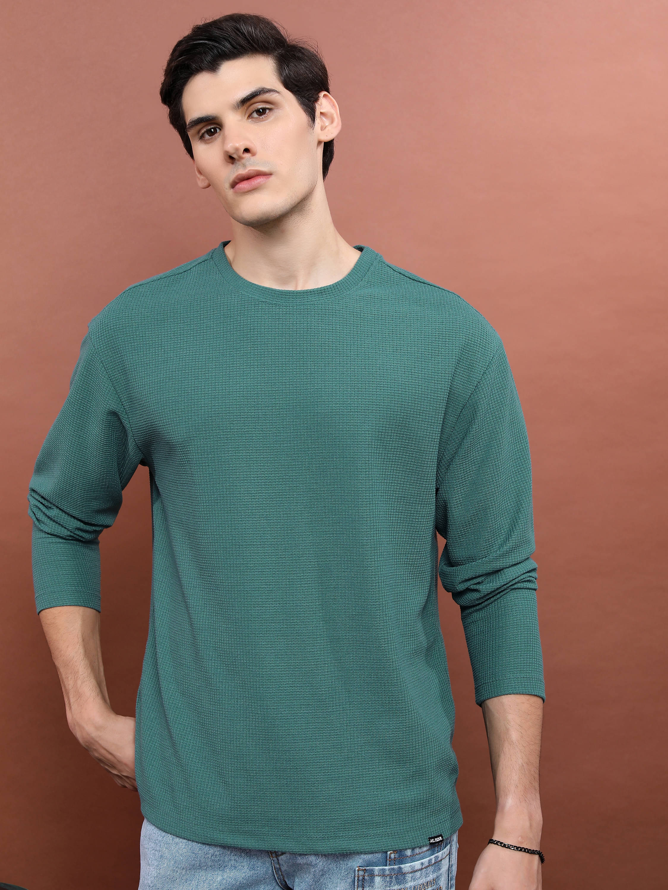    			Highlander Men Polyester Oversized Fit Self Design T-Shirt ( Teal )