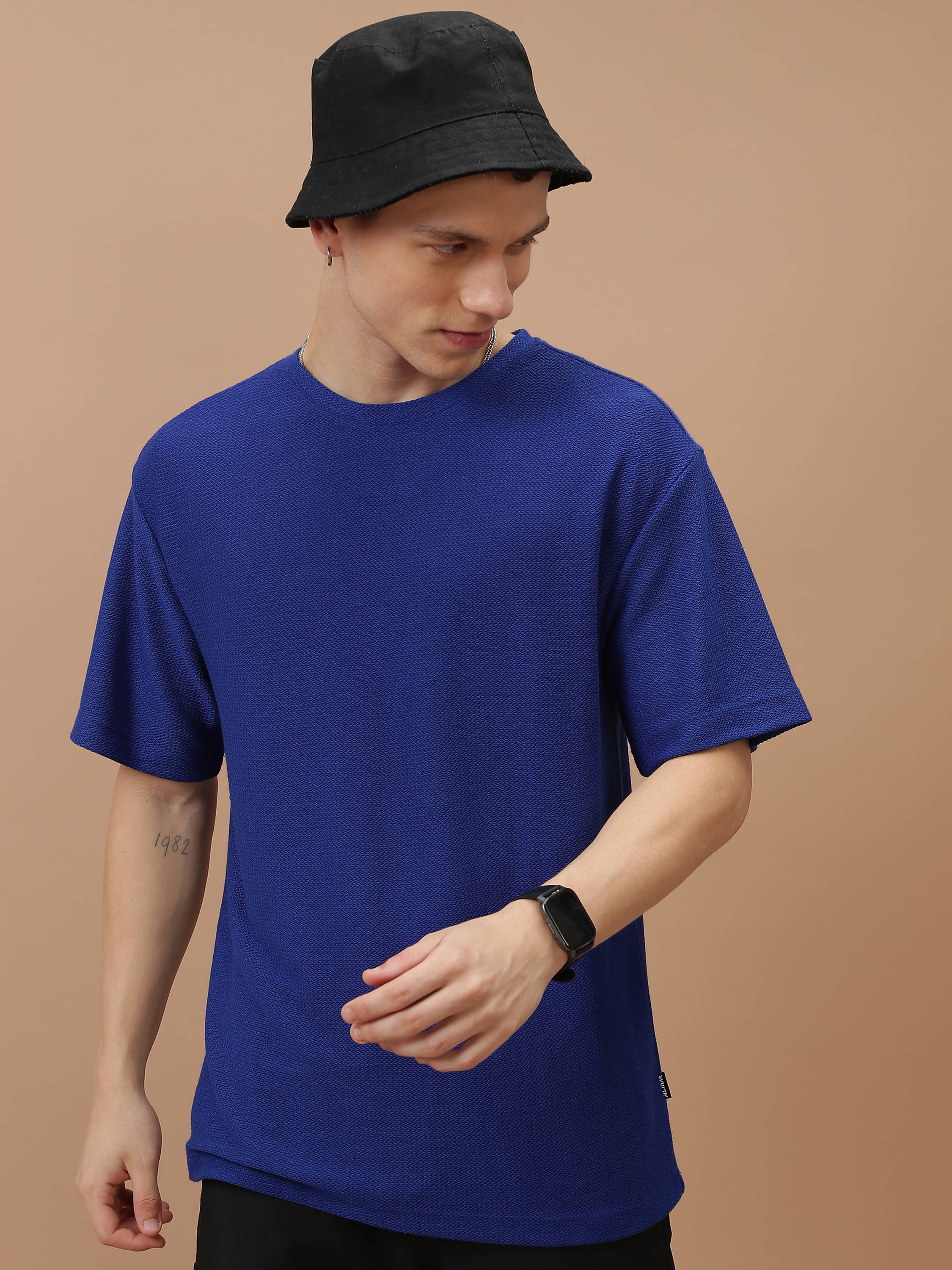     			Highlander Men Polyester Oversized Fit Self Design T-Shirt ( Blue )