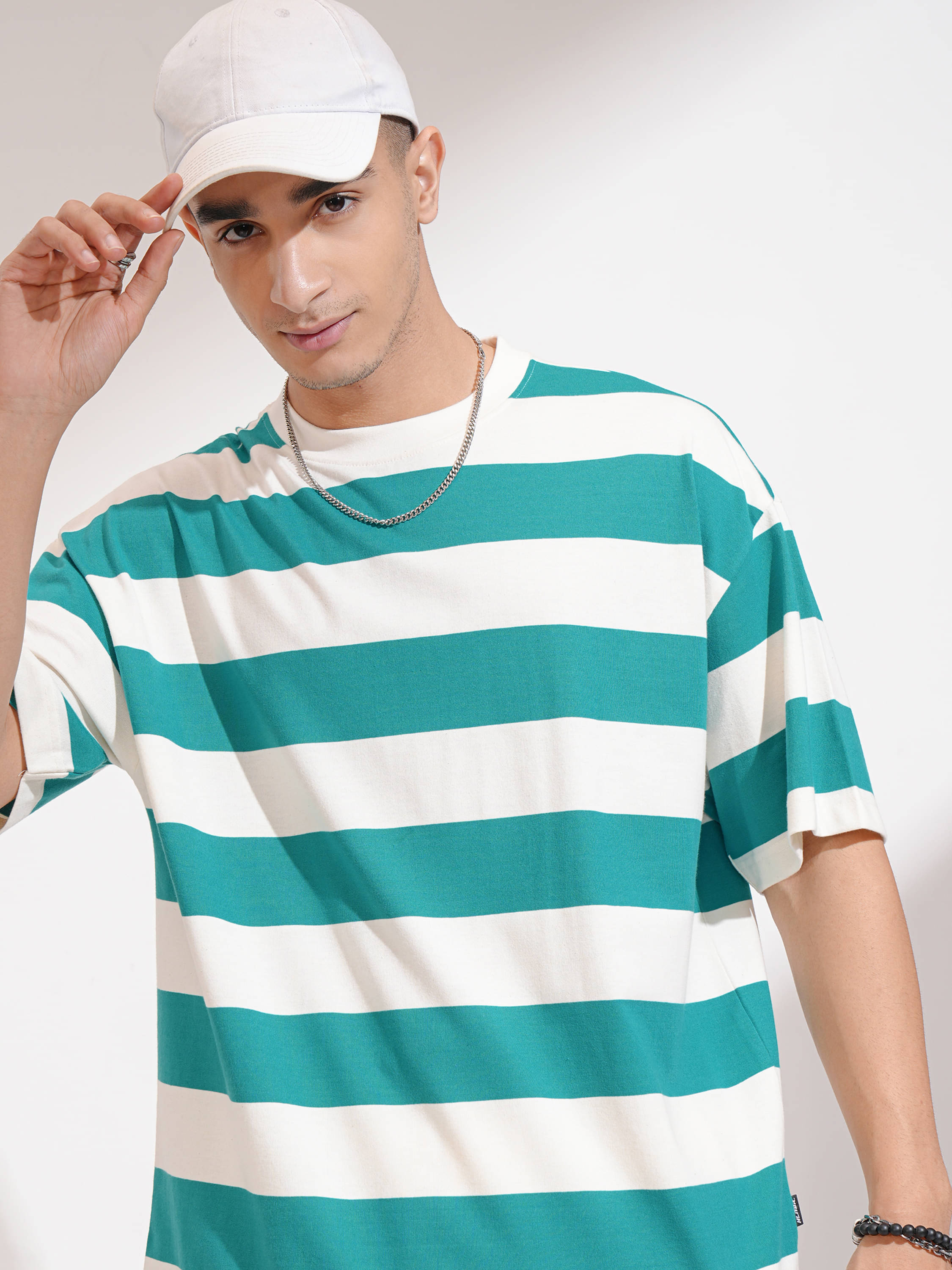     			Highlander Men Polyester Oversized Fit Striped T-Shirt ( Off White )