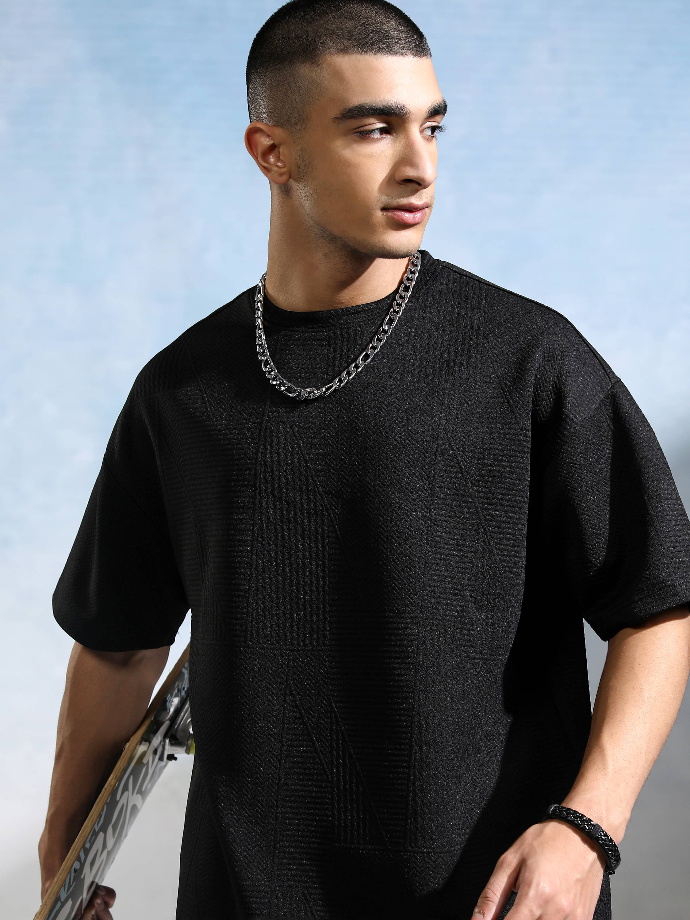 Highlander Men Polyester Oversized Fit Self Design T-Shirt ( Black ) Highlander Men Polyester Oversized Fit Self Design T-Shirt ( Black )