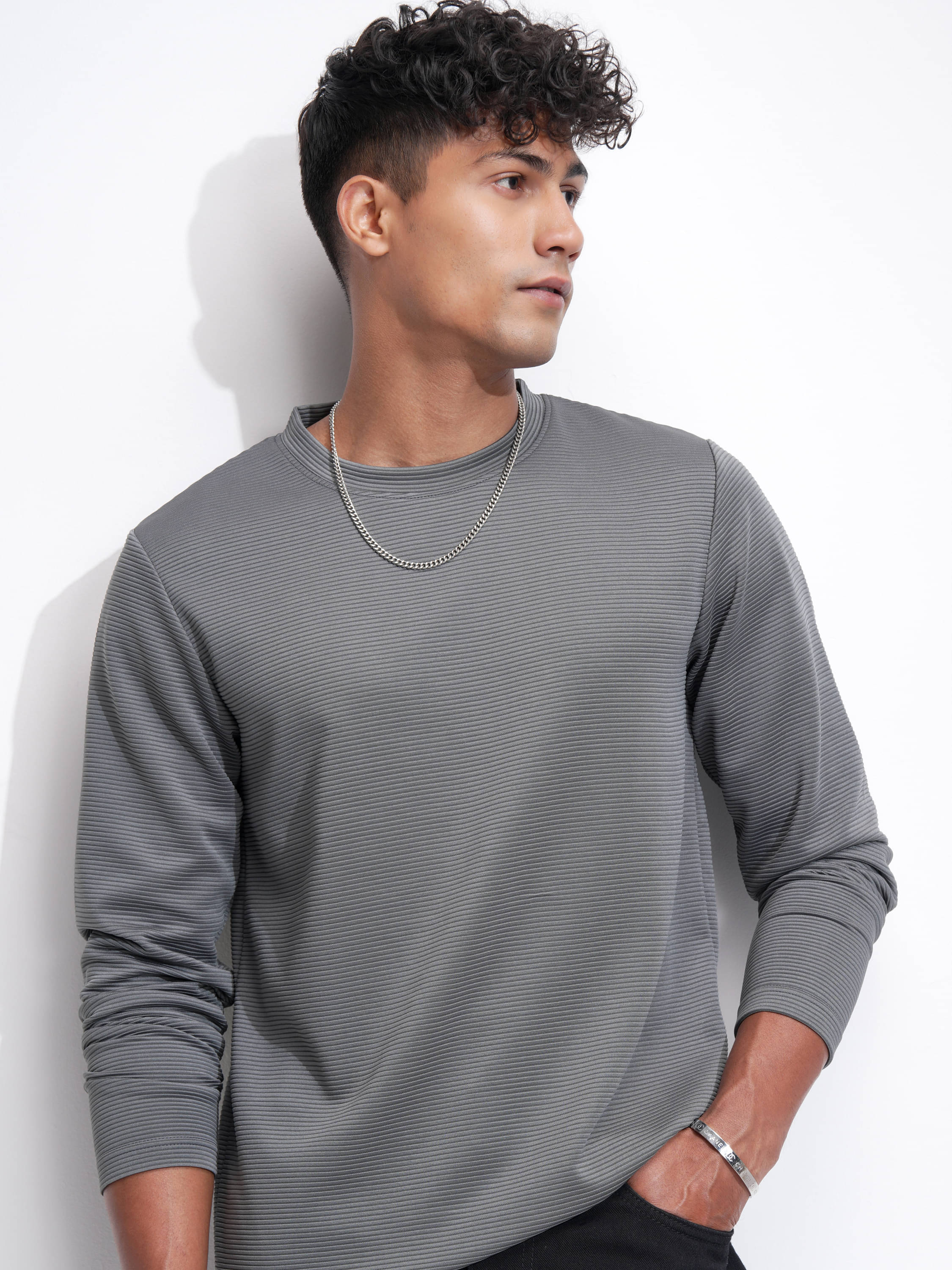     			Highlander Men Polyester Relaxed Fit Self Design T-Shirt ( Grey )