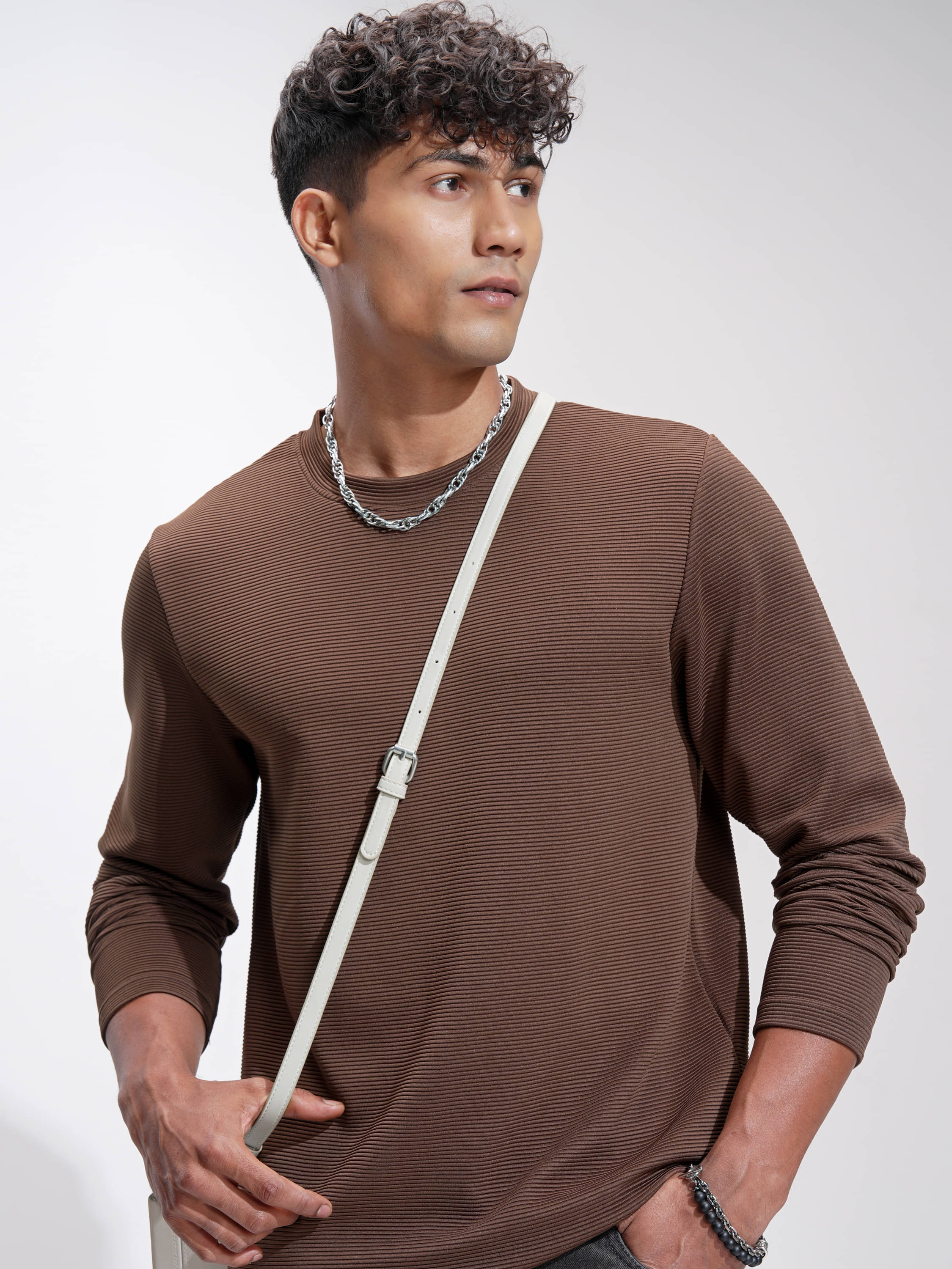     			Highlander Men Polyester Relaxed Fit Self Design T-Shirt ( Brown )