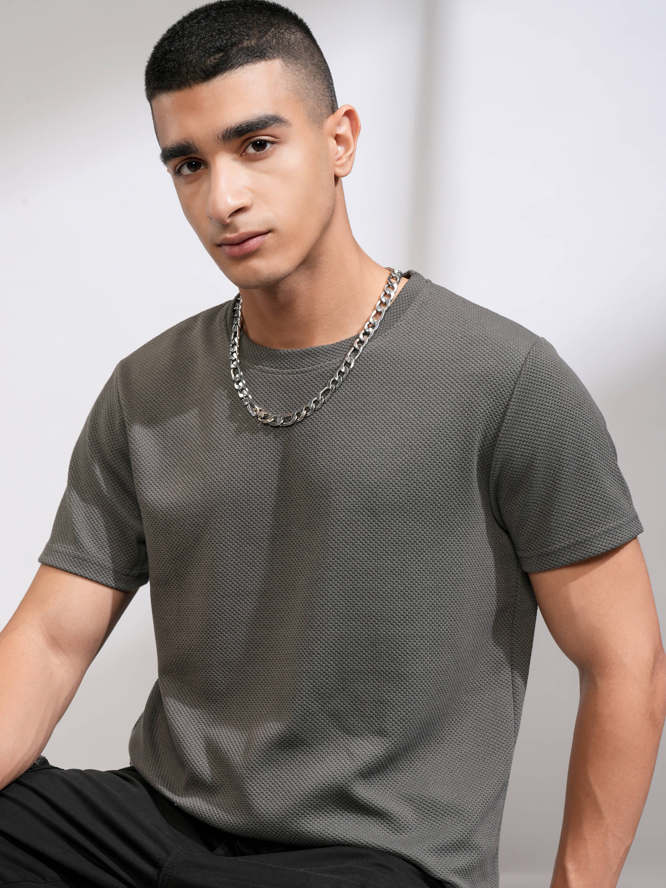     			Highlander Men Polyester Slim Fit Self Design T-Shirt ( Grey )