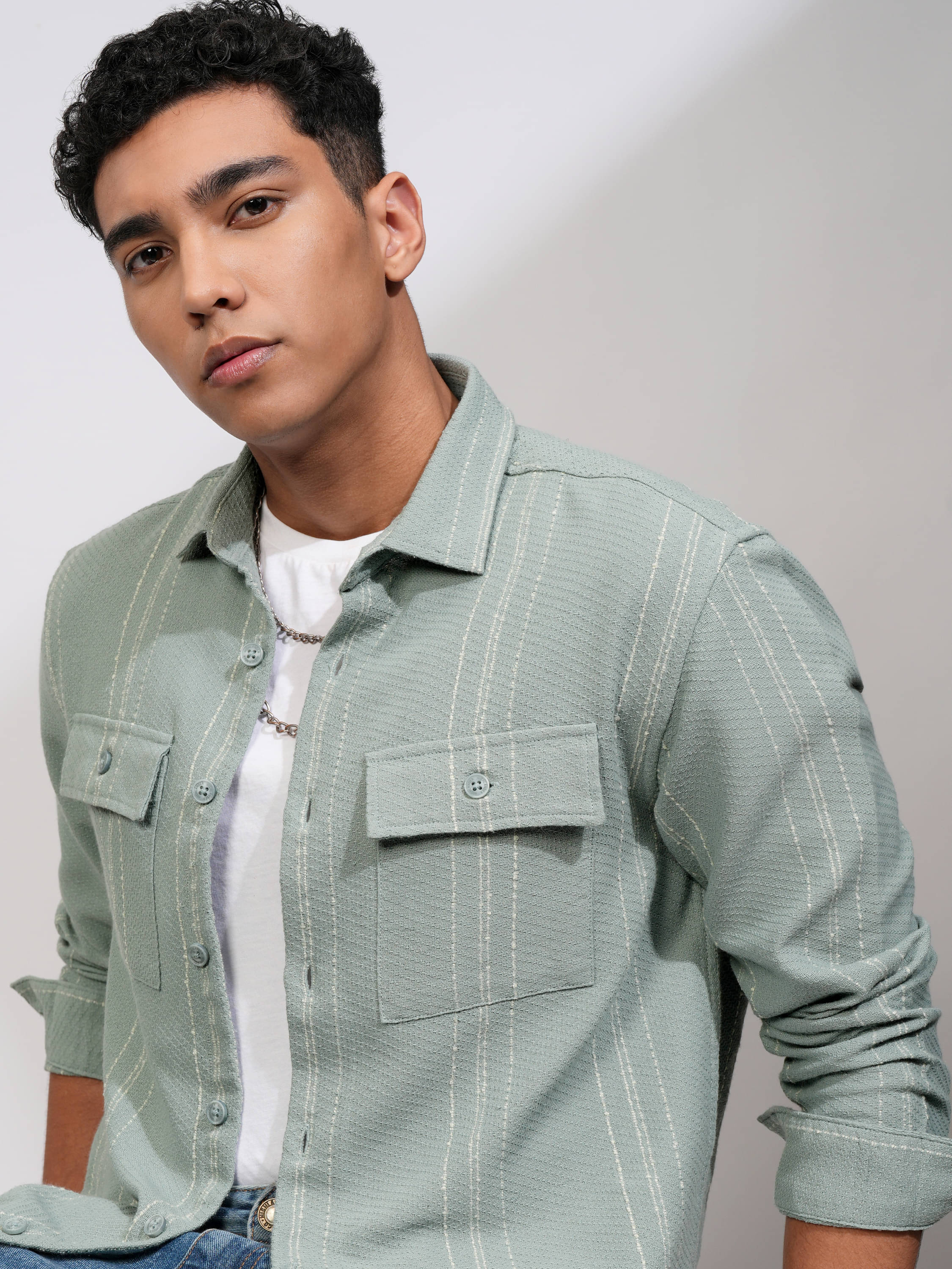     			Highlander Poly Cotton Relaxed Fit Striped Full Sleeves Men's Casual Shirt - Sea Green ( Pack of 1 )