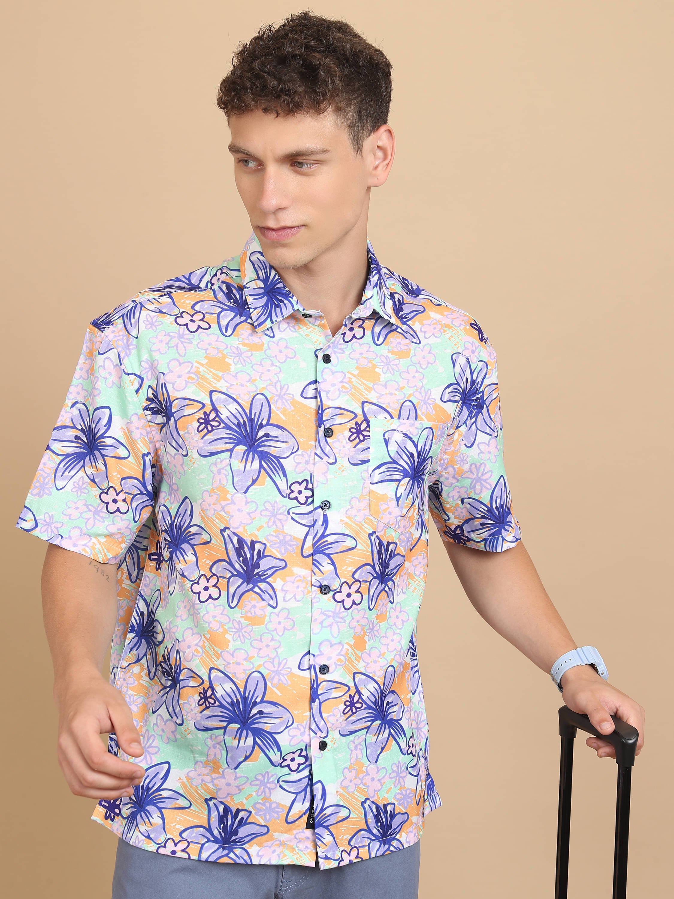     			Highlander Polyester Oversized Fit Printed Half Sleeves Men's Casual Shirt - Multicolor ( Pack of 1 )