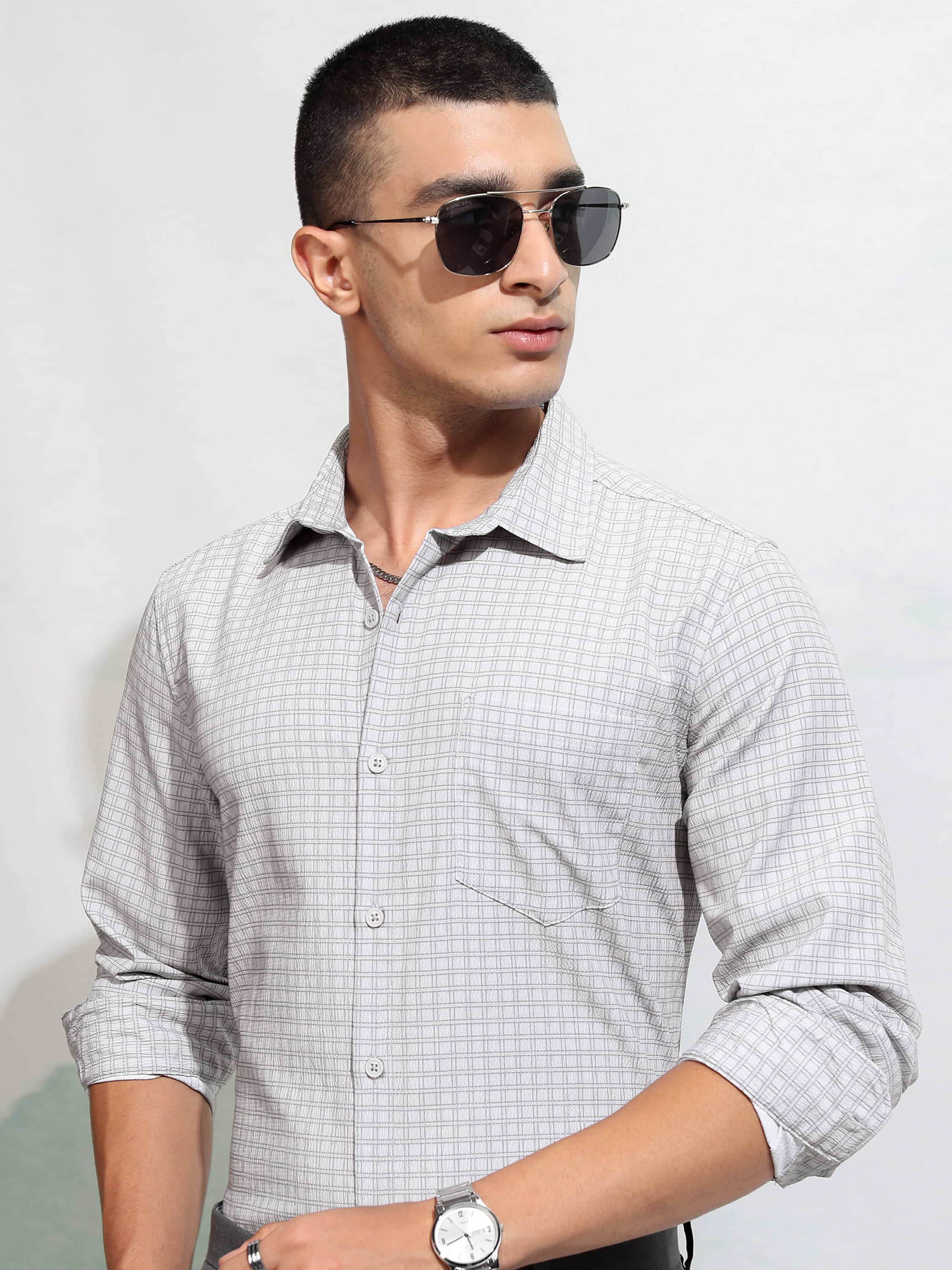    			Highlander Polyester Regular Fit Self Design Full Sleeves Men's Casual Shirt - Grey ( Pack of 1 )