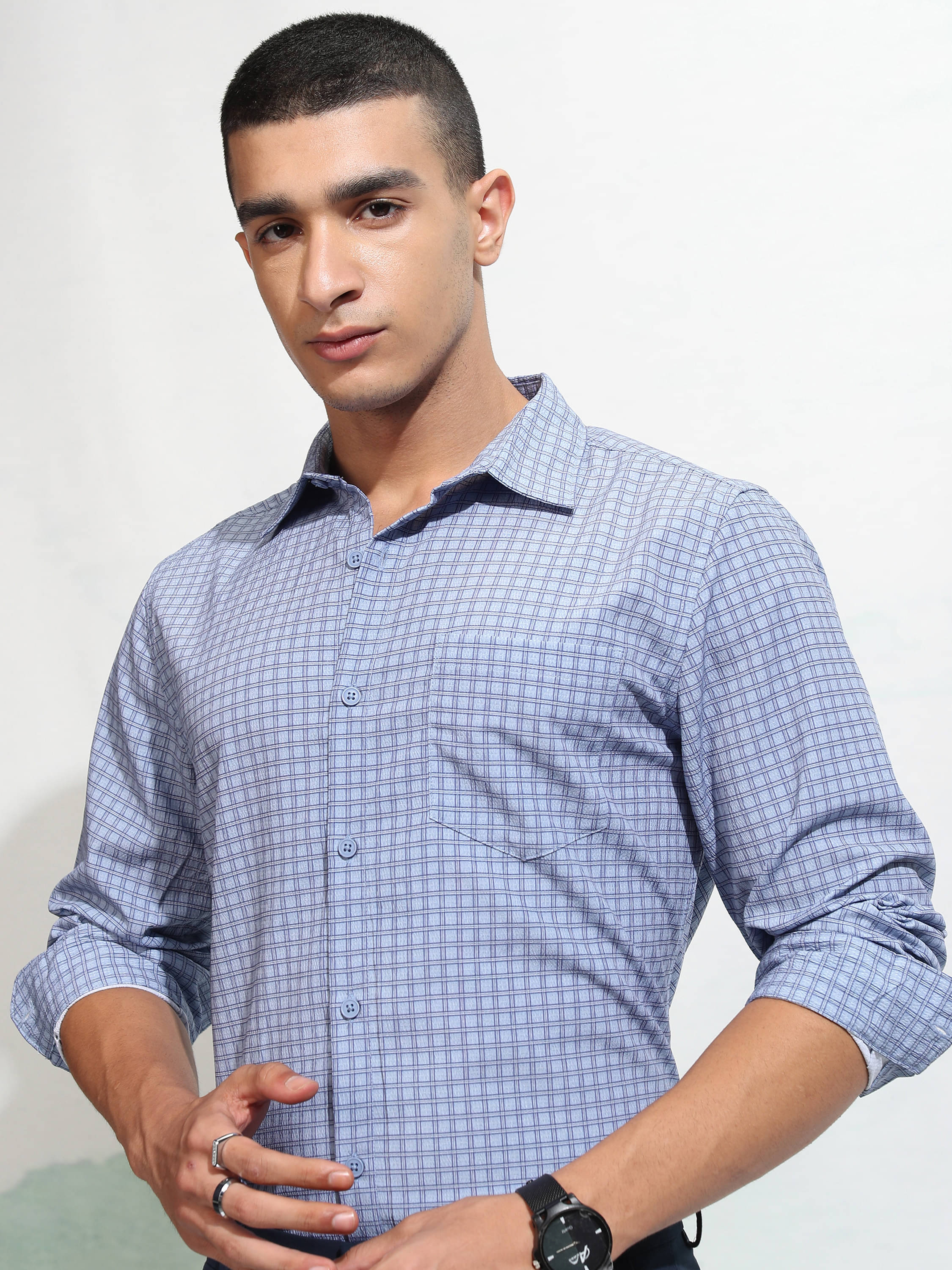     			Highlander Polyester Regular Fit Self Design Full Sleeves Men's Casual Shirt - Blue ( Pack of 1 )